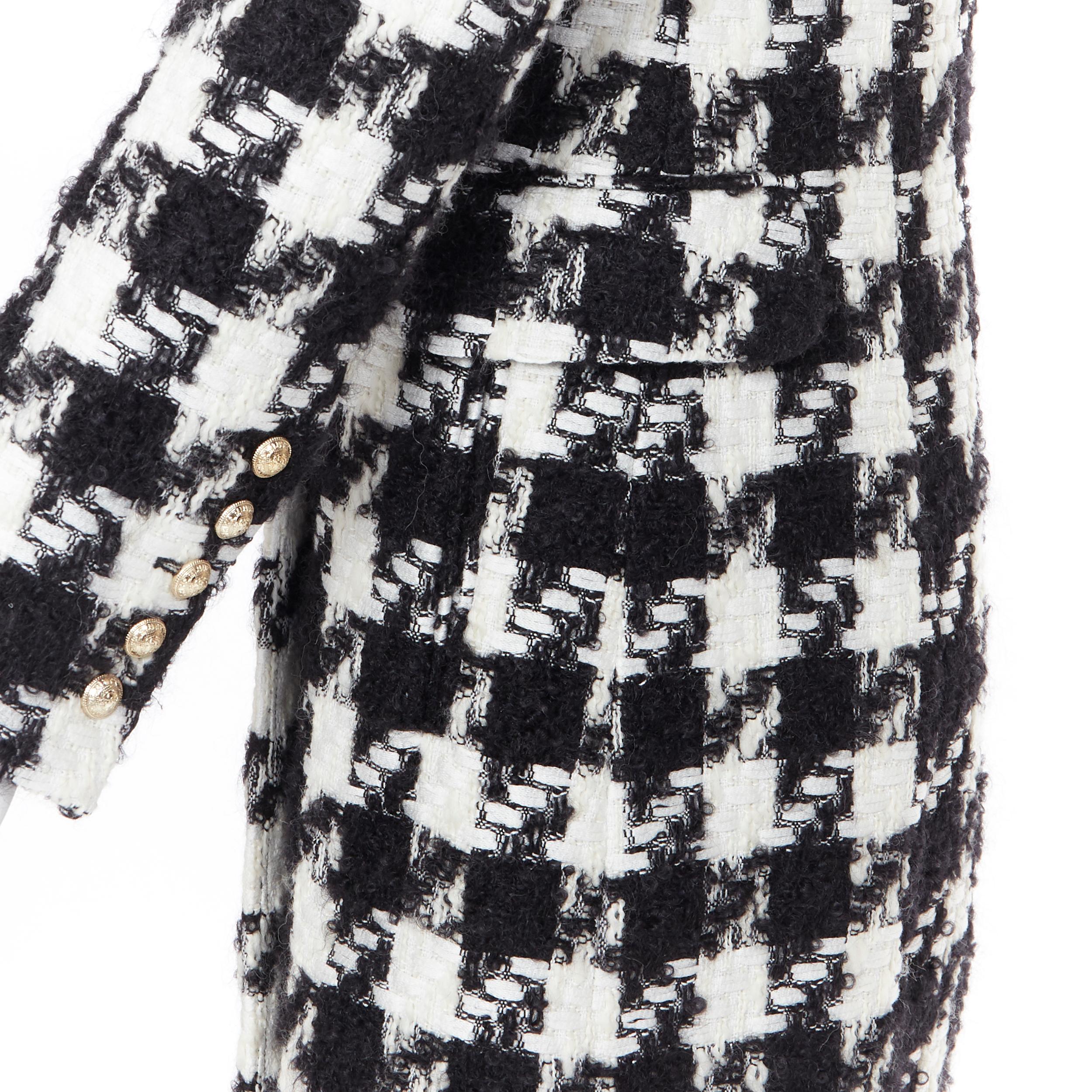 new BALMAIN black white houndstooth tweed double breasted military coat FR34 XS 3