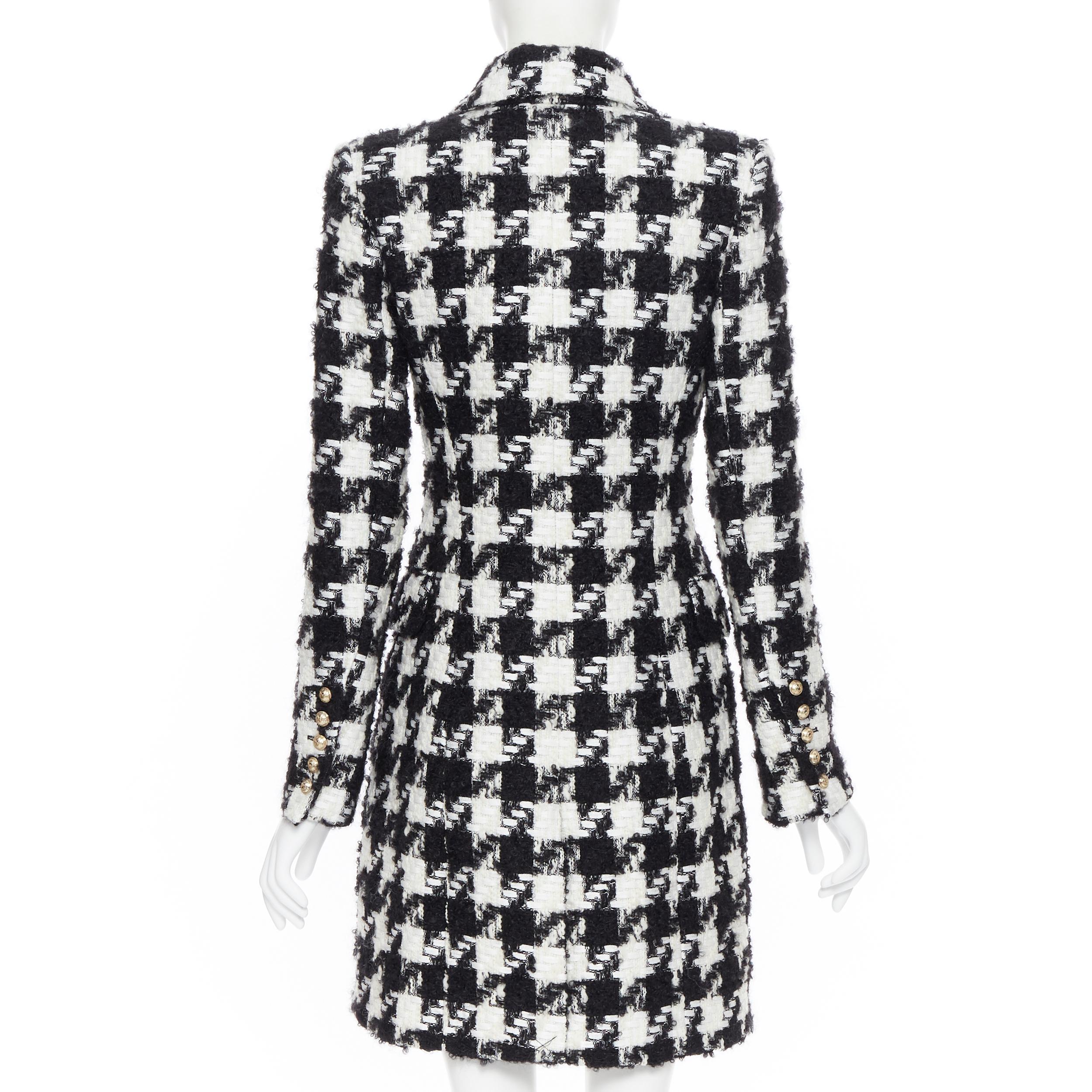 Black new BALMAIN black white houndstooth tweed double breasted military coat FR34 XS