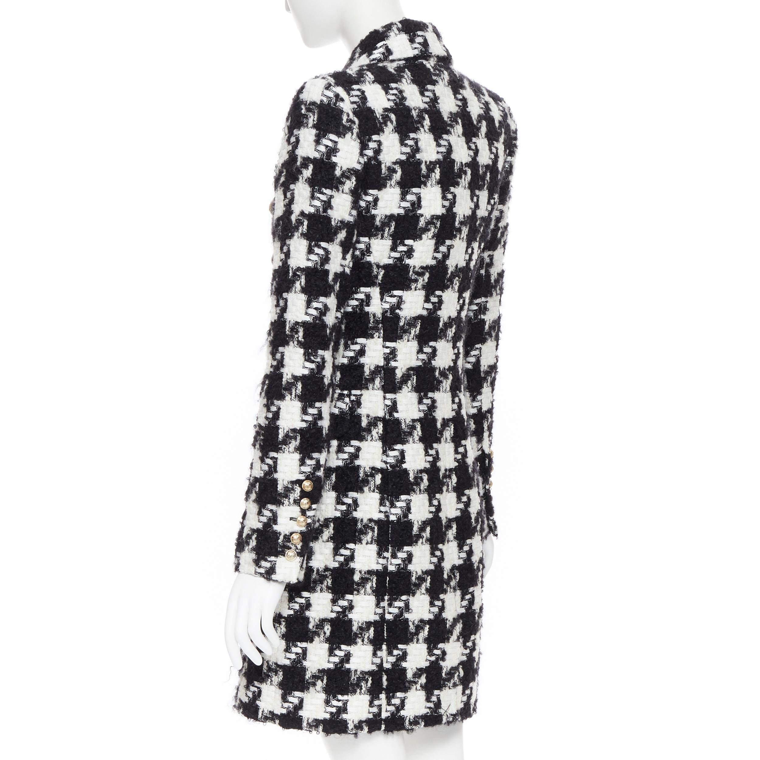 new BALMAIN black white houndstooth tweed double breasted military coat FR34 XS In New Condition In Hong Kong, NT