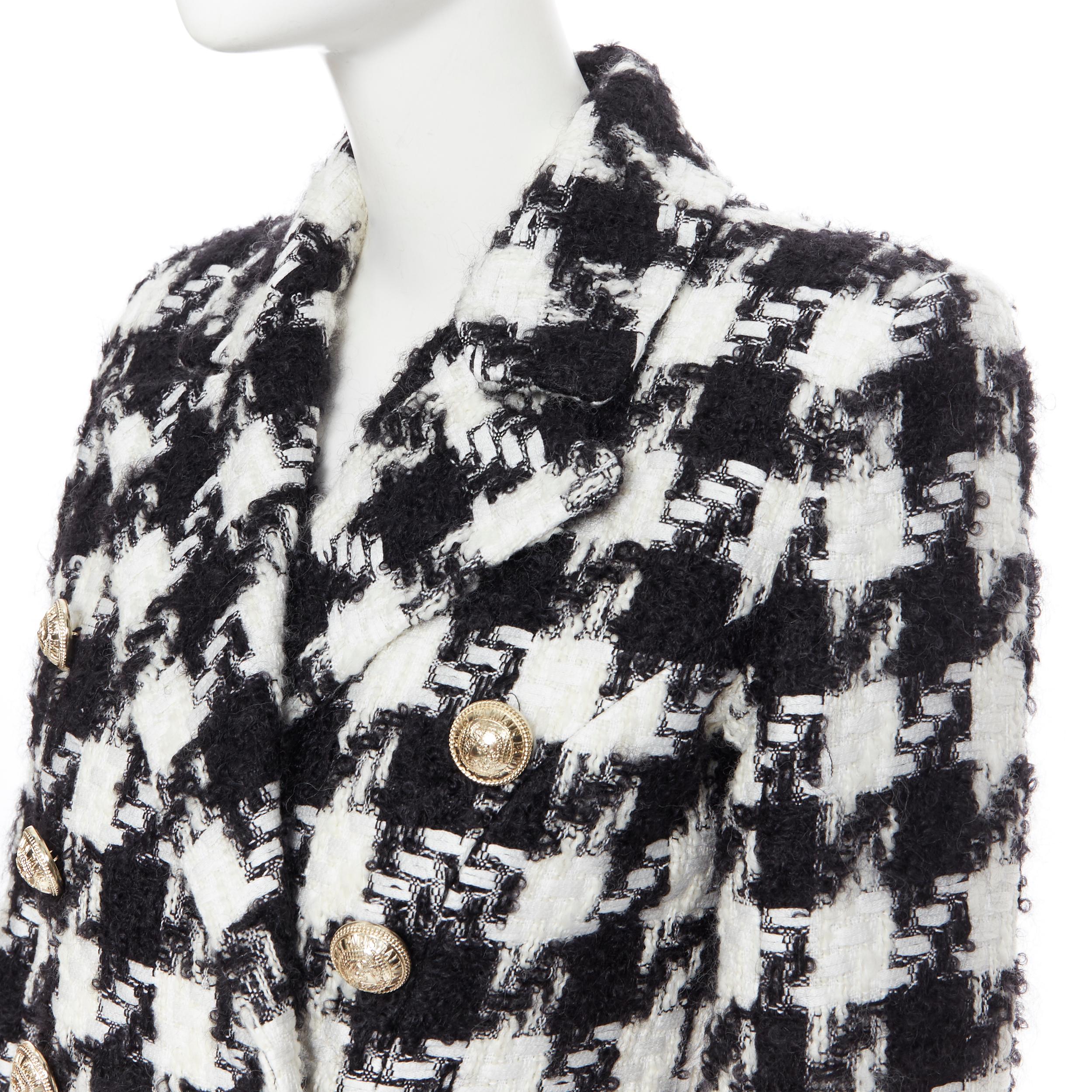Women's new BALMAIN black white houndstooth tweed double breasted military coat FR34 XS