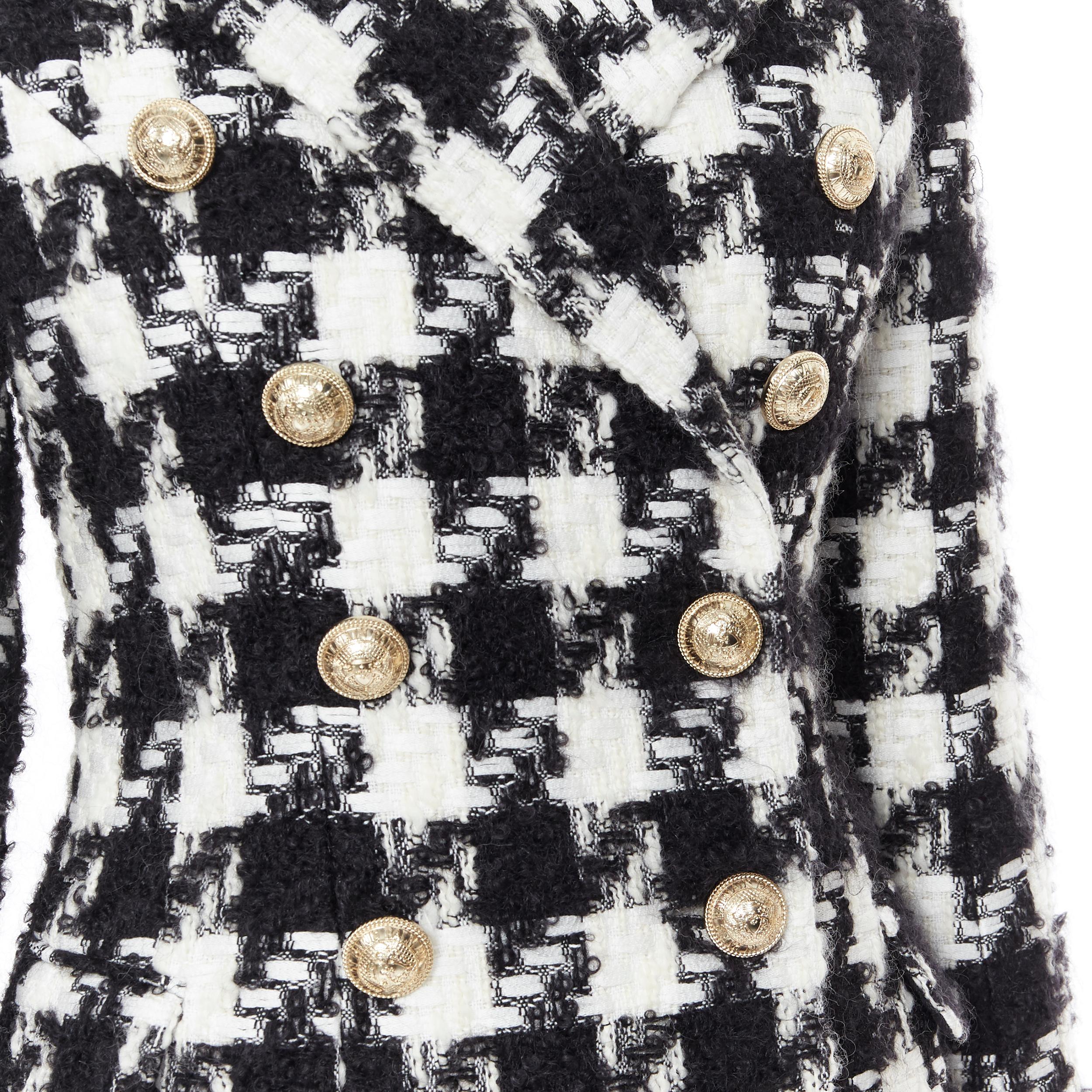 new BALMAIN black white houndstooth tweed double breasted military coat FR34 XS 1