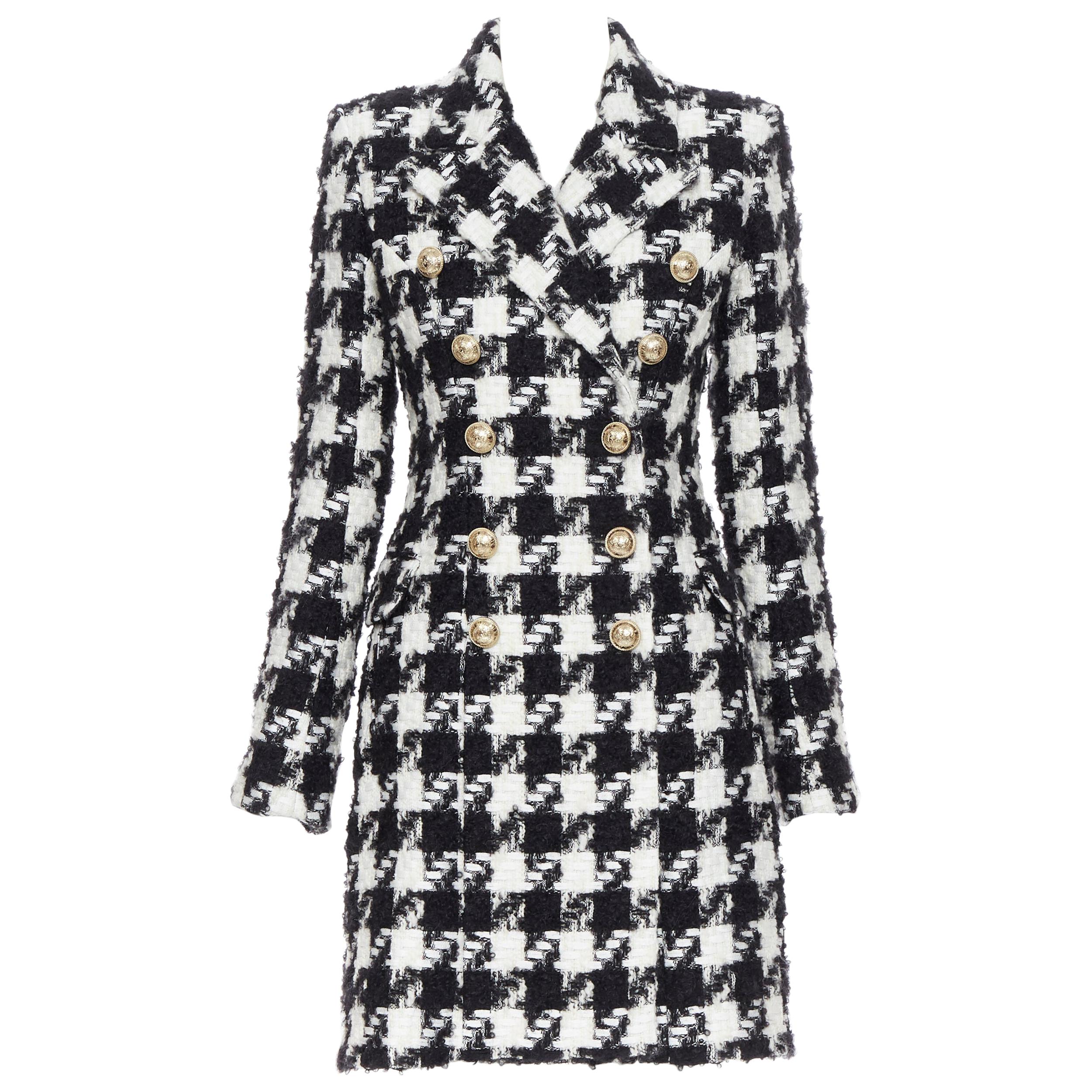 new BALMAIN black white houndstooth tweed double breasted military coat FR34 XS