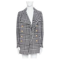 new BALMAIN black white houndstooth wool gold button double breasted coat EU48 M