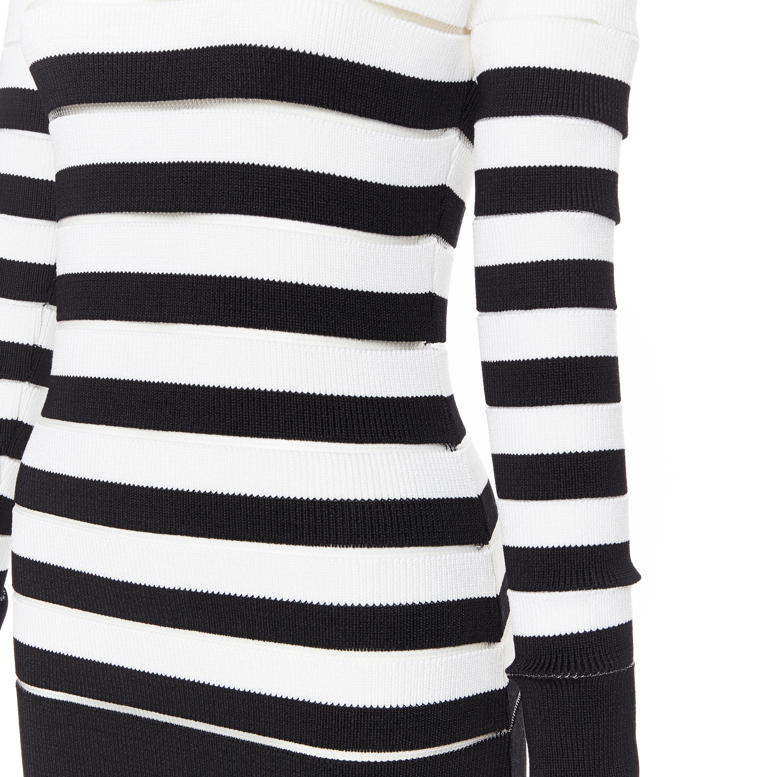 new BALMAIN black white sheer mesh stripe military crochet knit bodycon dress S 2
