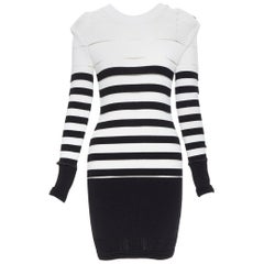 new BALMAIN black white sheer mesh stripe military crochet knit bodycon dress S
