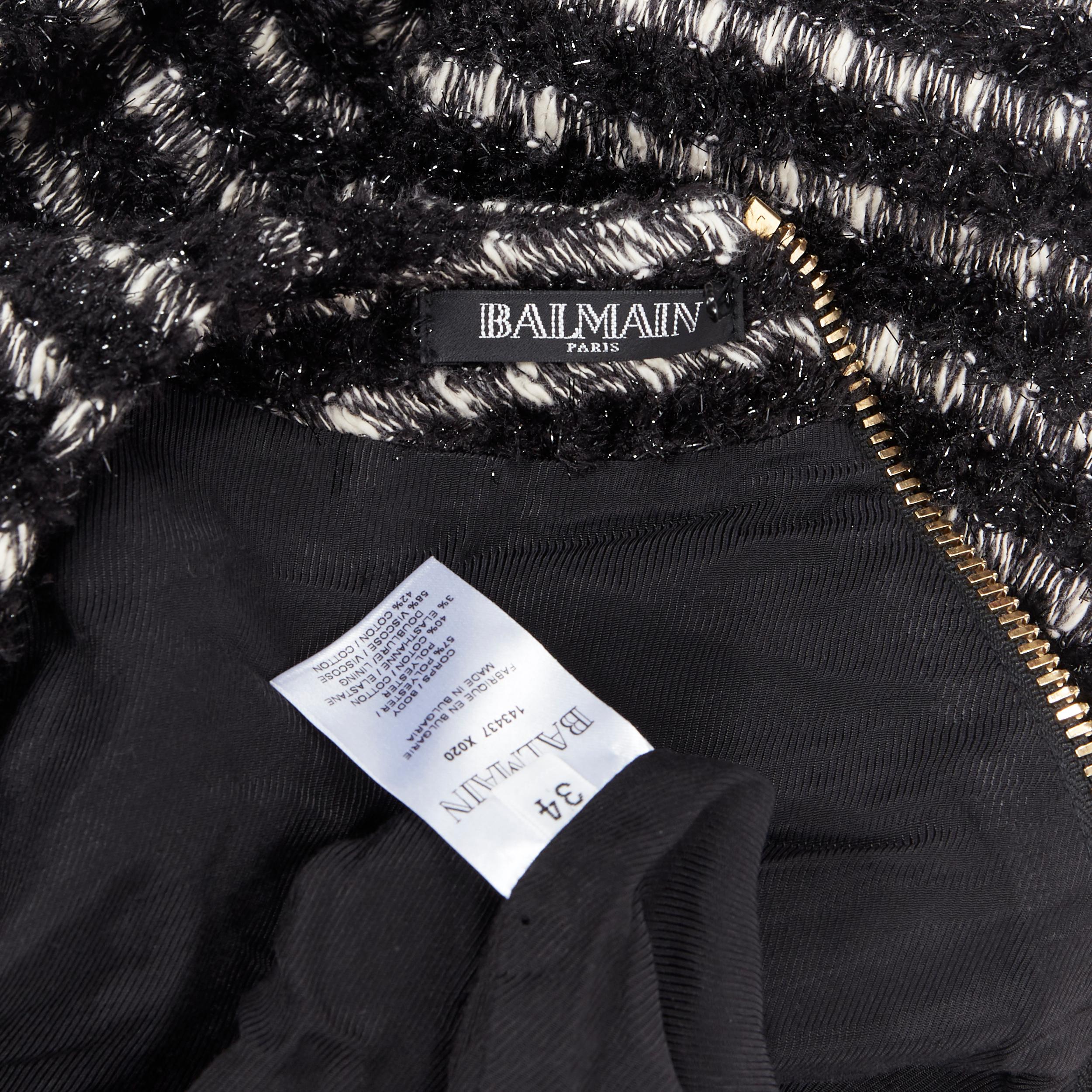 new BALMAIN black white stripe fluffy tweed knit military button mini dress Fr34 3