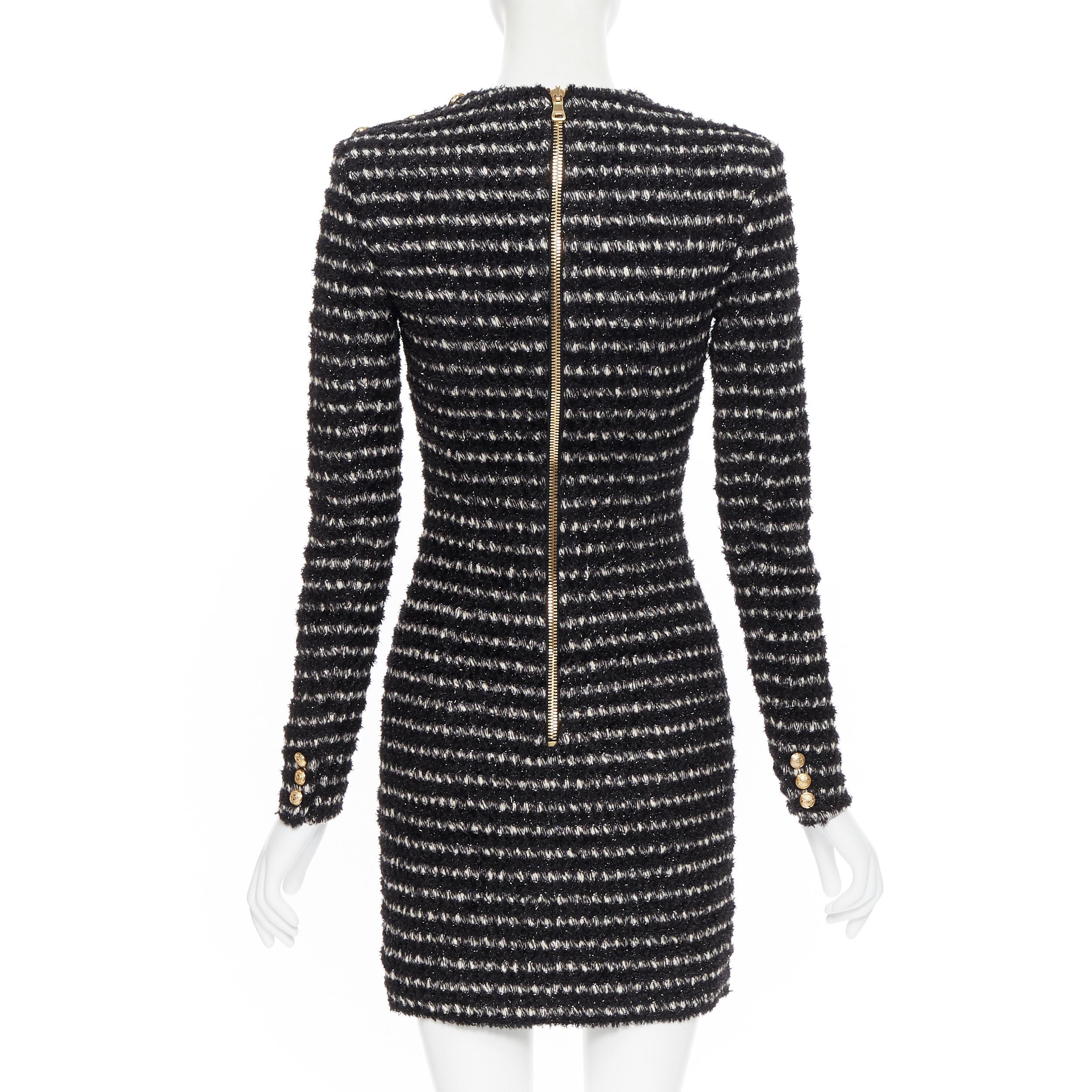 Black new BALMAIN black white stripe fluffy tweed knit military button mini dress Fr34