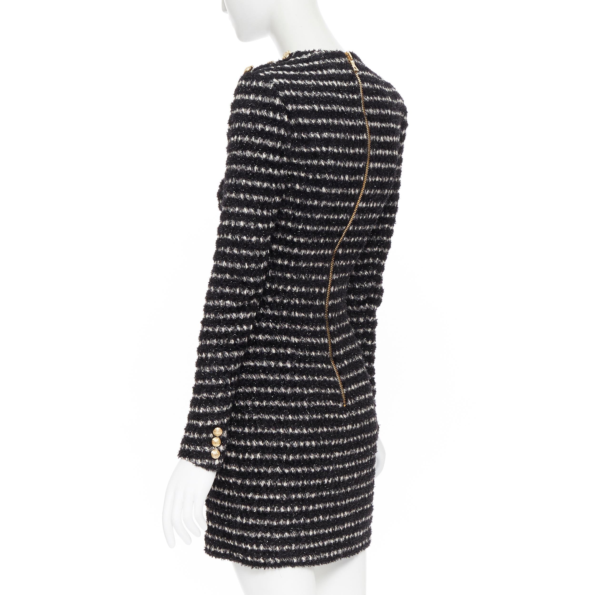 new BALMAIN black white stripe fluffy tweed knit military button mini dress Fr34 In New Condition In Hong Kong, NT