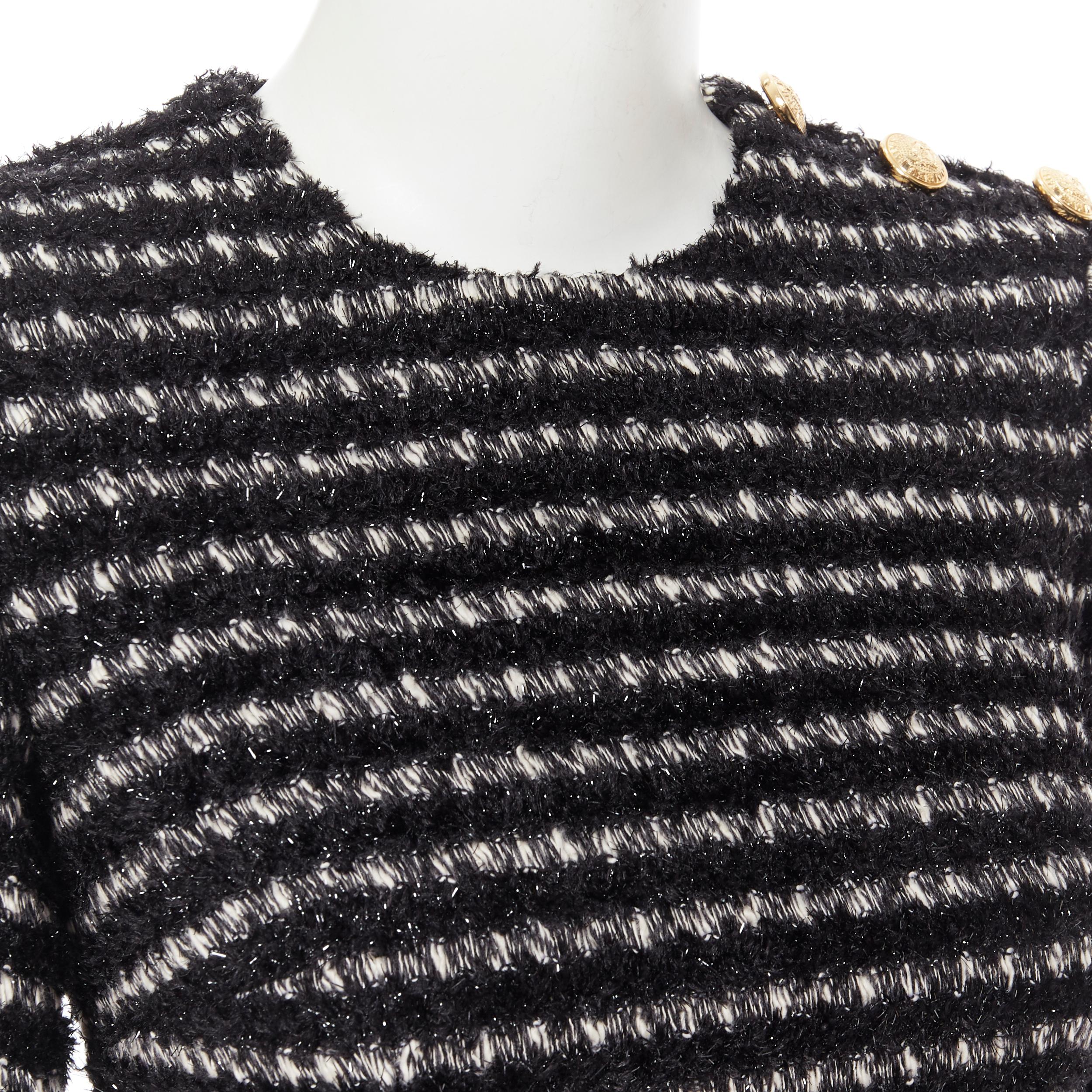 Women's new BALMAIN black white stripe fluffy tweed knit military button mini dress Fr34