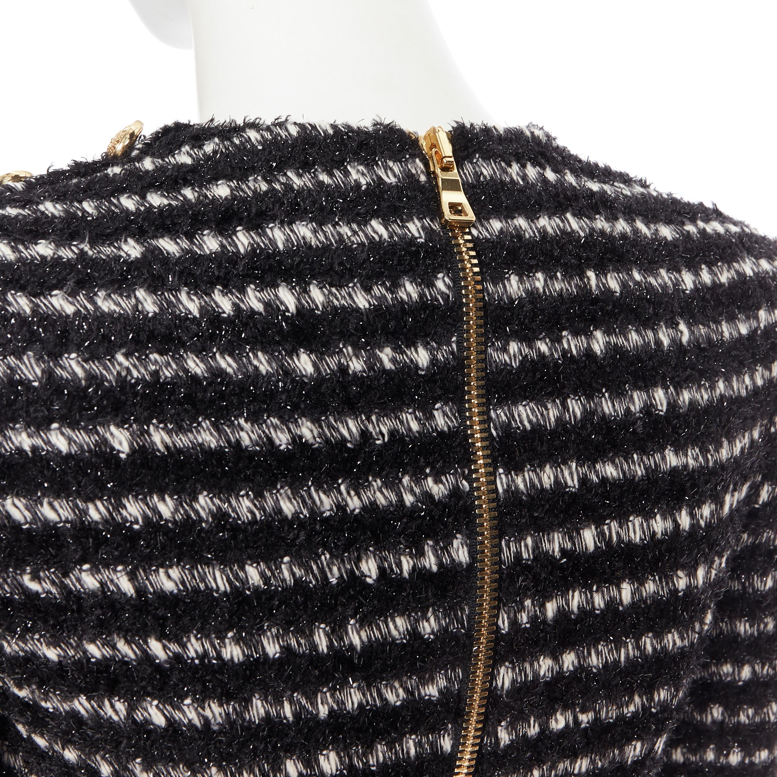 new BALMAIN black white stripe fluffy tweed knit military button mini dress Fr34 1