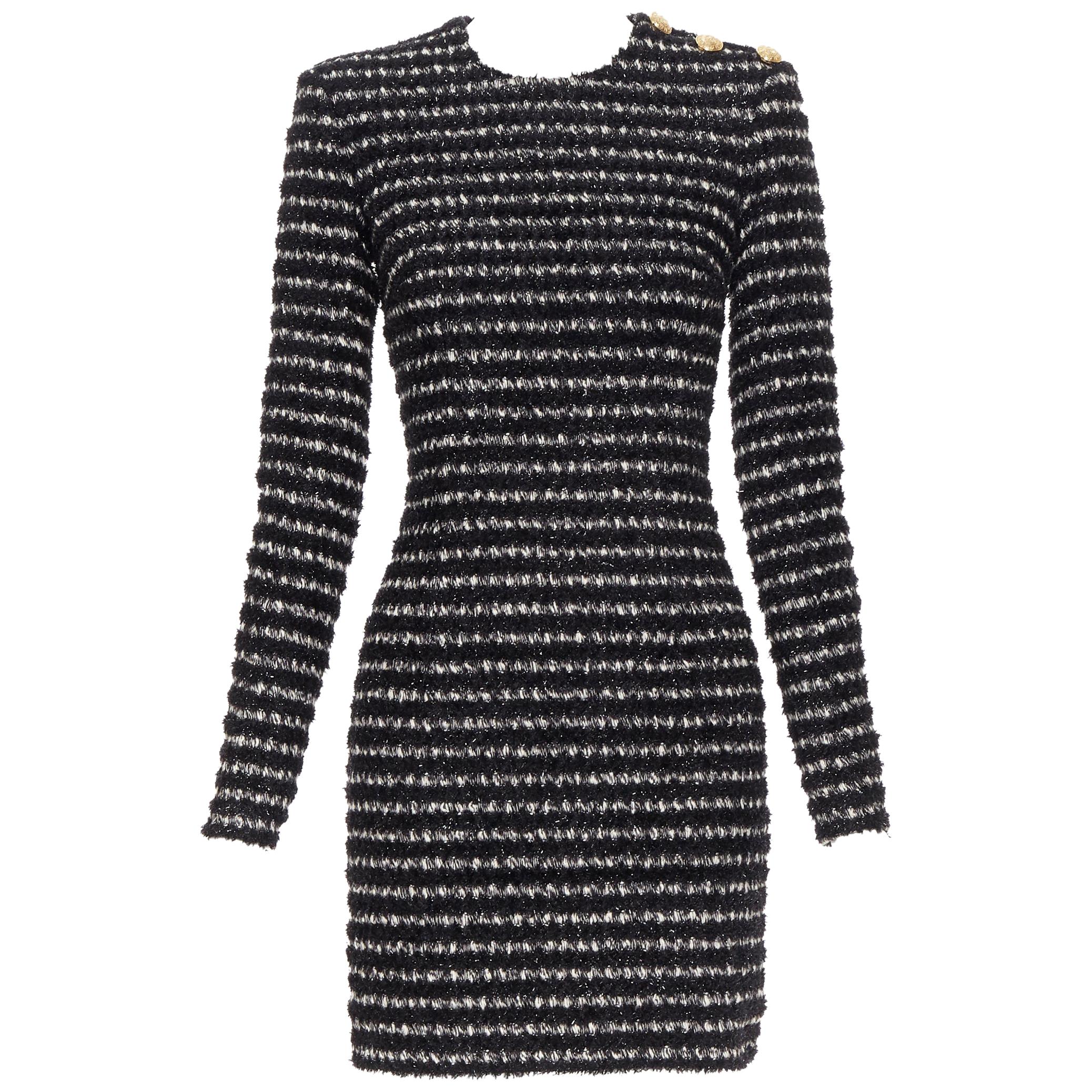 new BALMAIN black white stripe fluffy tweed knit military button mini dress Fr34