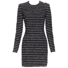 new BALMAIN black white stripe fluffy tweed knit military button mini dress Fr34