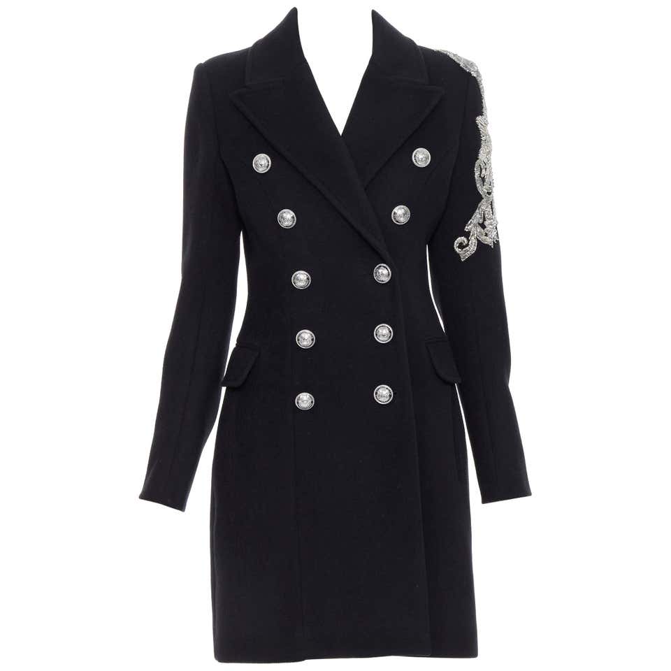 new BALMAIN black wool cashmere bead embellished double breasted coat ...
