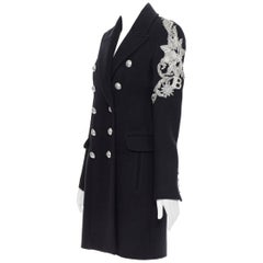 new BALMAIN black wool cashmere bead embellished double breasted coat FR40 M