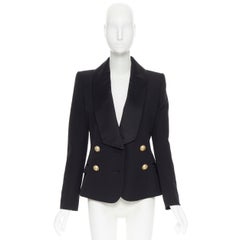 new BALMAIN black wool satin collar gold double breasted blazer jacket FR38