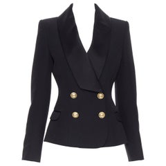 new BALMAIN black wool satin collar gold double breasted blazer jacket FR38
