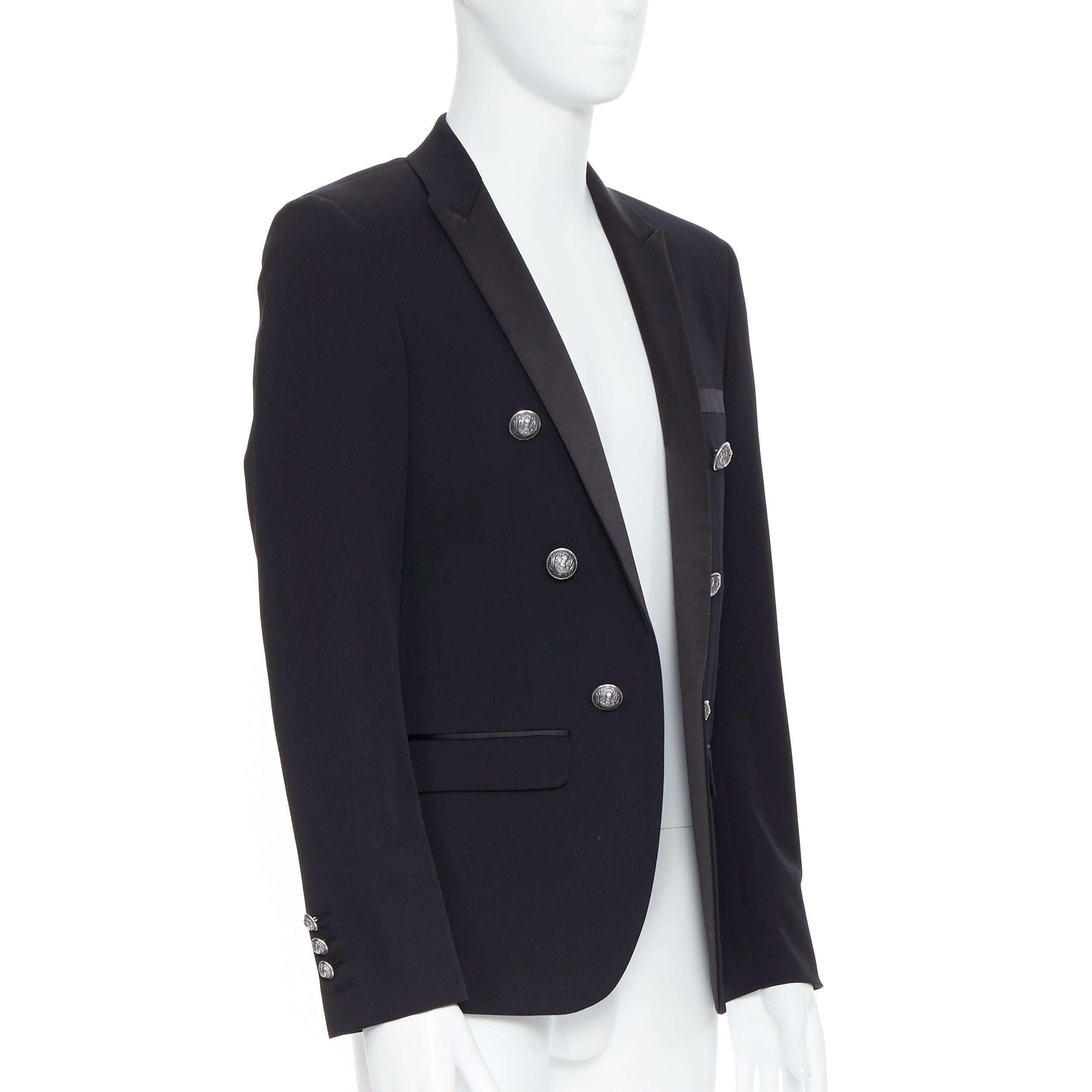 Black new BALMAIN black wool satin peak label double breasted blazer jacket EU48 M
