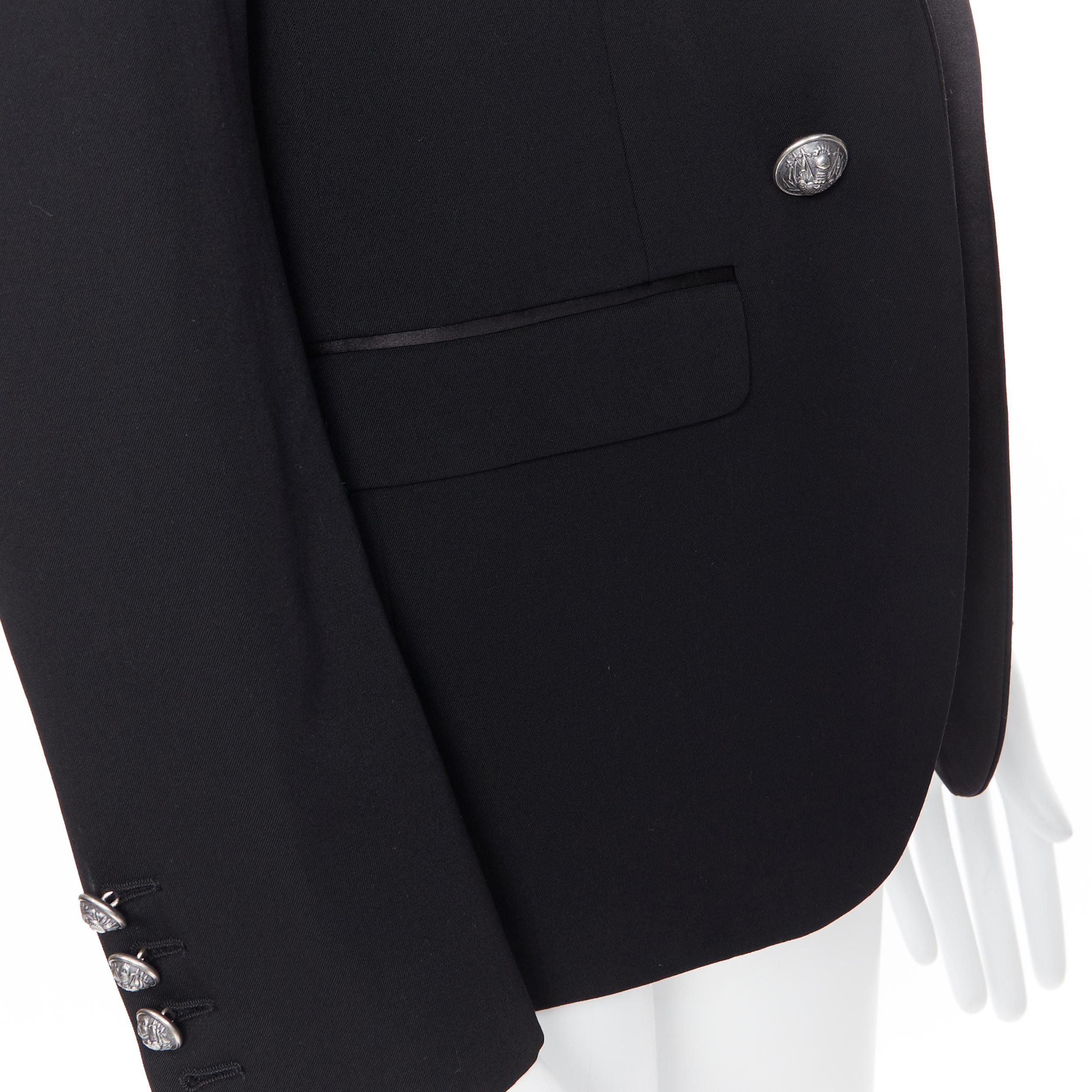 new BALMAIN black wool satin peak label double breasted blazer jacket EU48 M 3