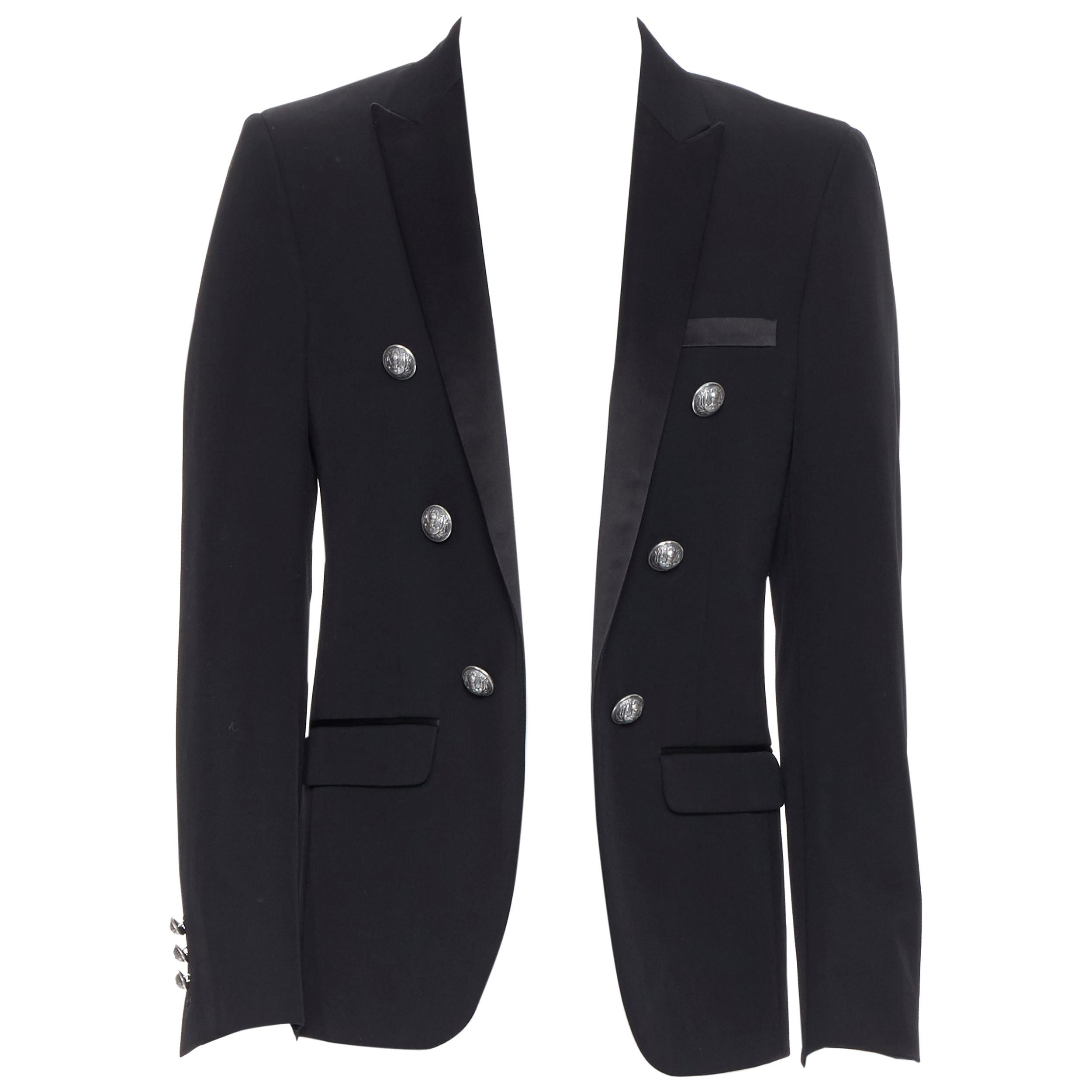 new BALMAIN black wool satin peak label double breasted blazer jacket EU48 M