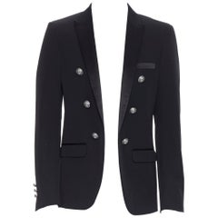 new BALMAIN black wool satin peak label double breasted blazer jacket EU50 L