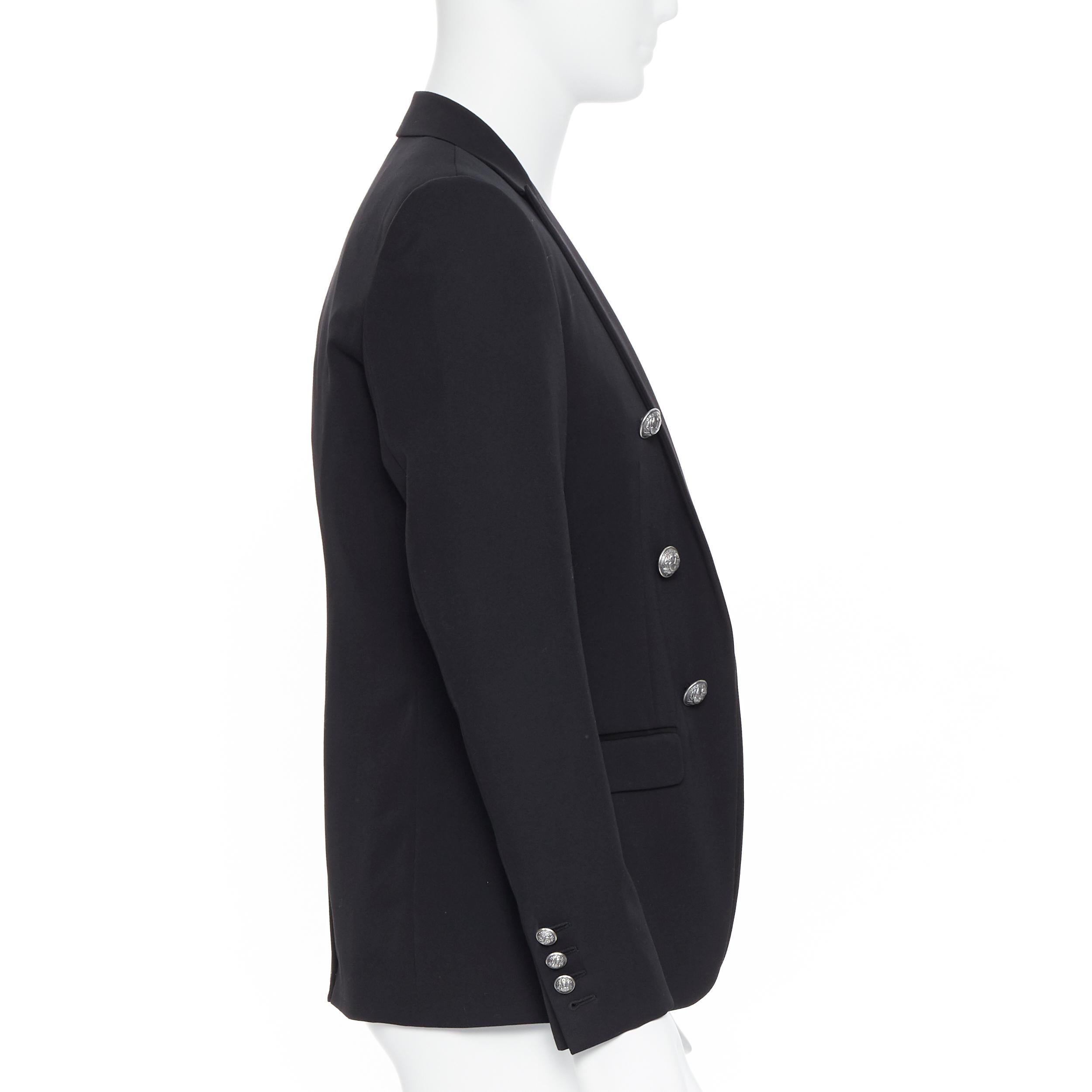 Black new BALMAIN black wool satin peak label double breasted military blazer EU50 L
