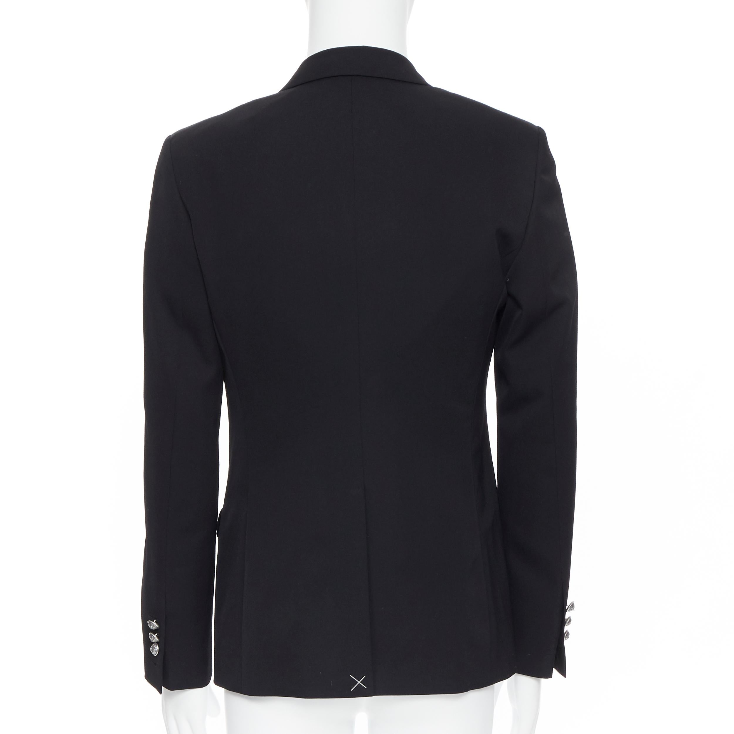 new BALMAIN black wool satin peak label double breasted military blazer EU50 L In New Condition In Hong Kong, NT