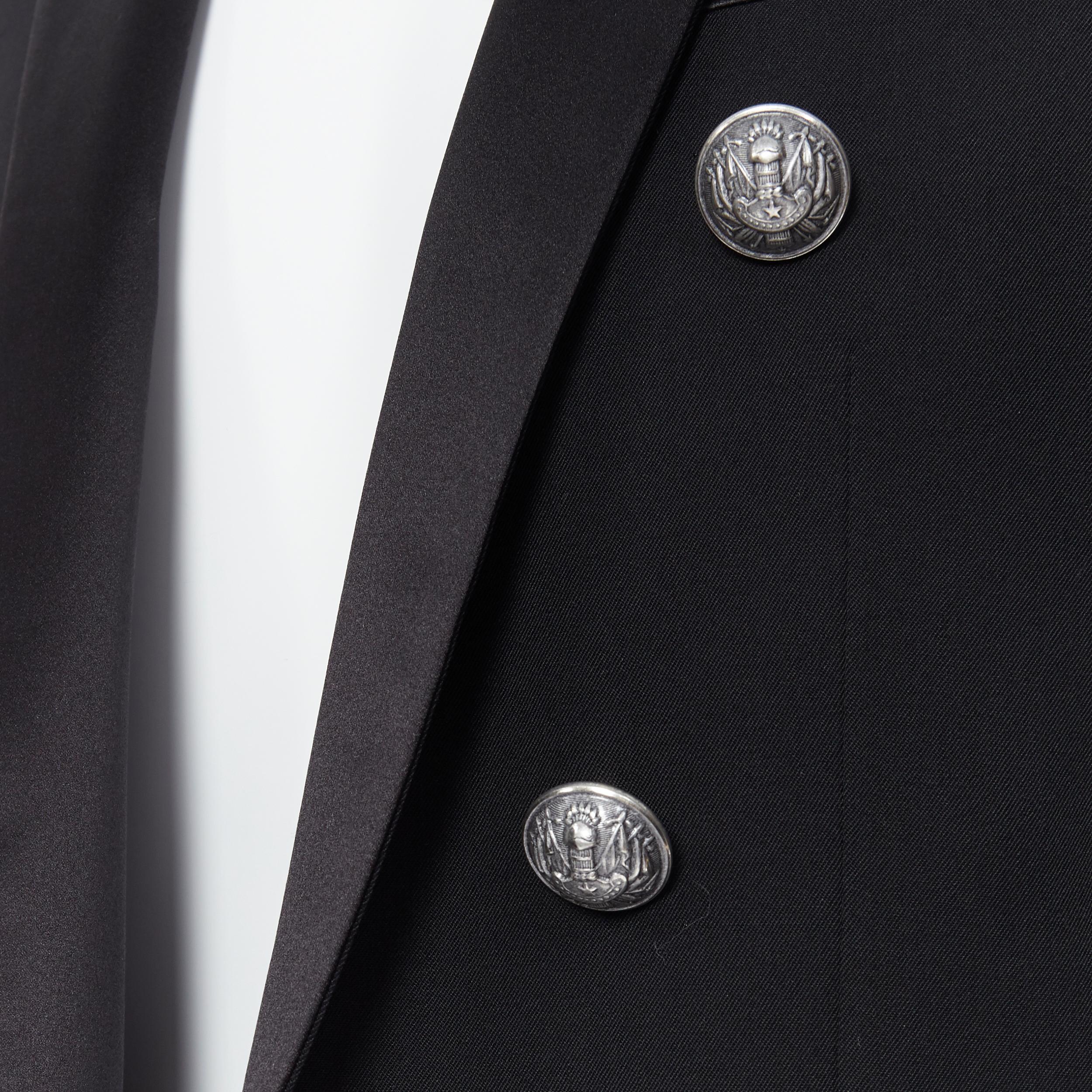new BALMAIN black wool satin peak label double breasted military blazer EU50 L 1