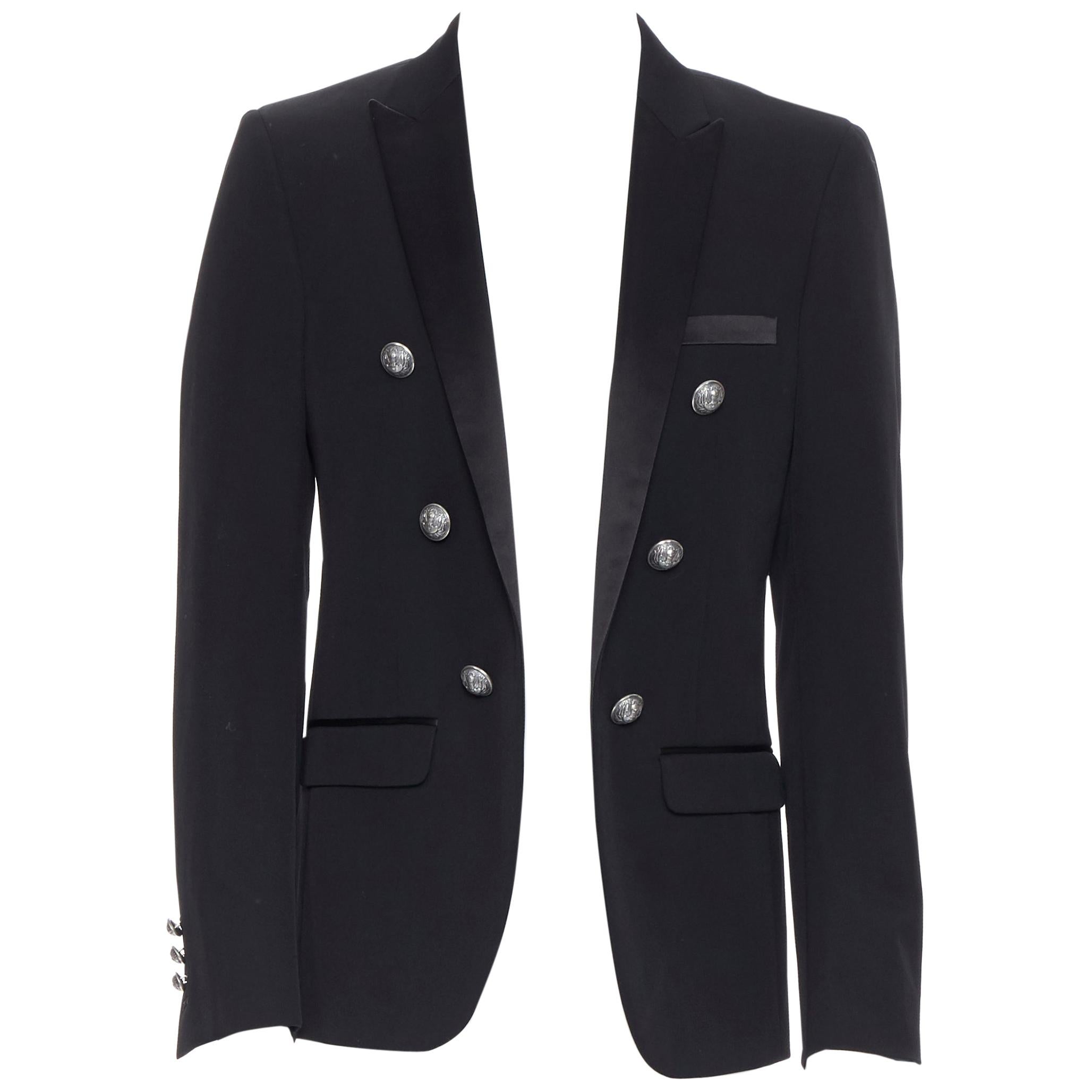 new BALMAIN black wool satin peak label double breasted military blazer EU50 L
