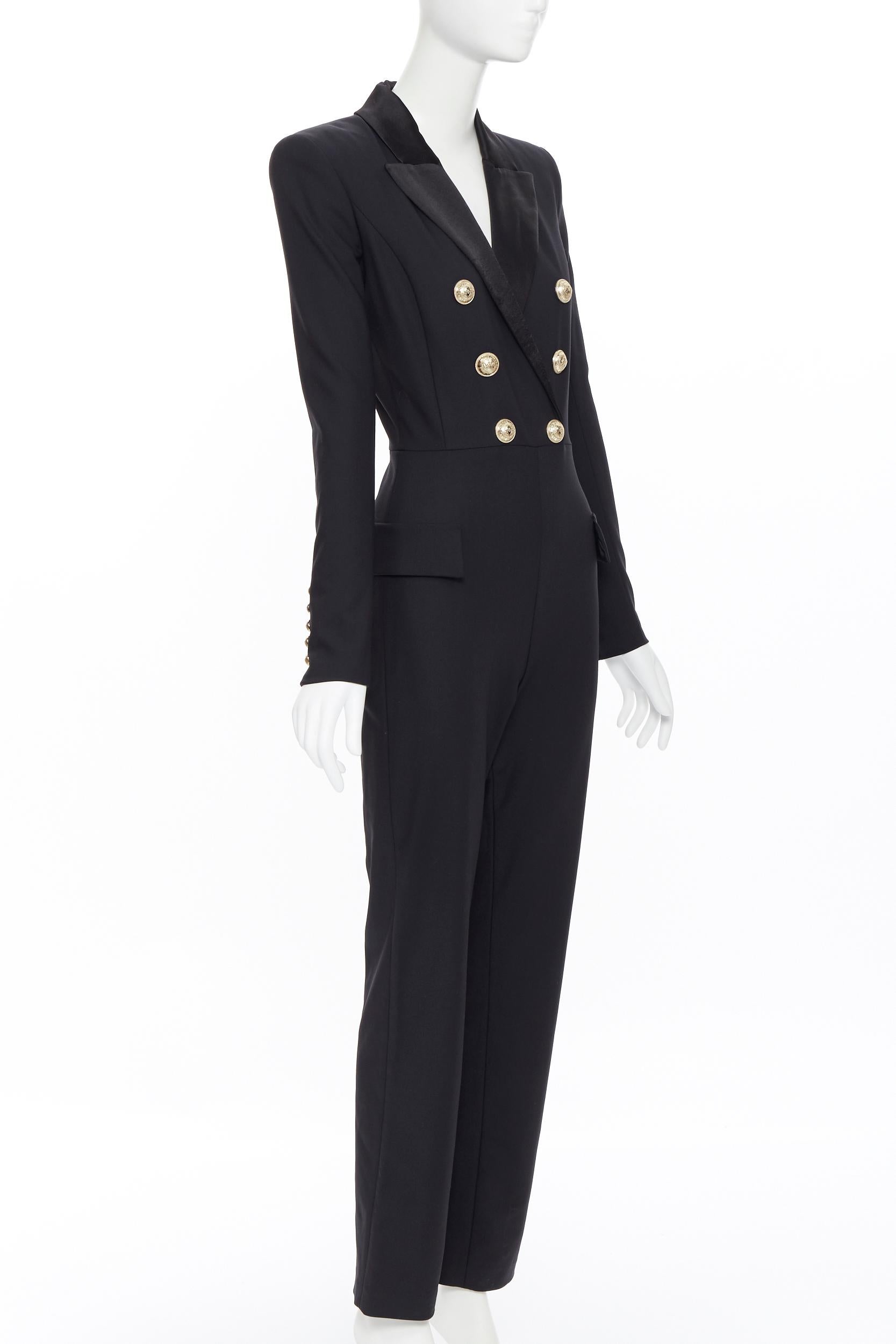 new BALMAIN black wool silk satin peak lapel double breasted jumpsuit FR36 S In New Condition In Hong Kong, NT