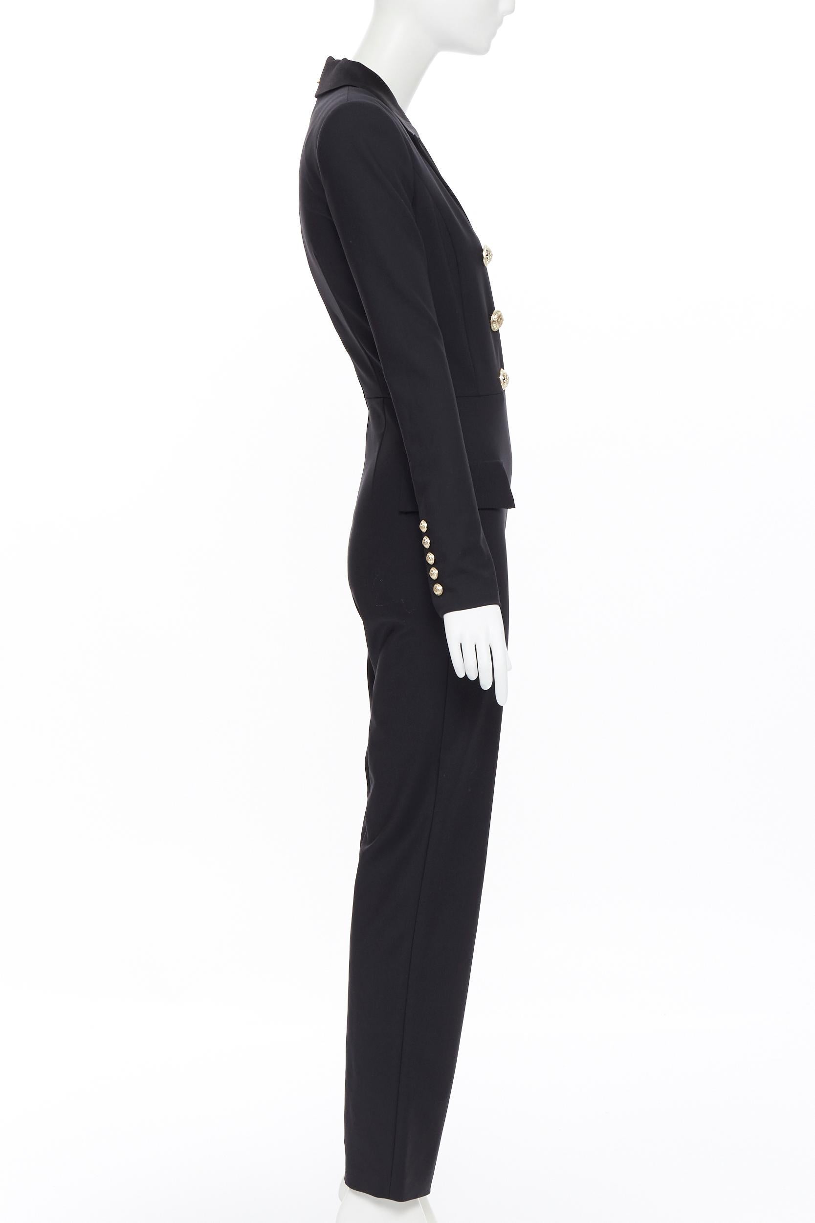 Women's new BALMAIN black wool silk satin peak lapel double breasted jumpsuit FR36 S