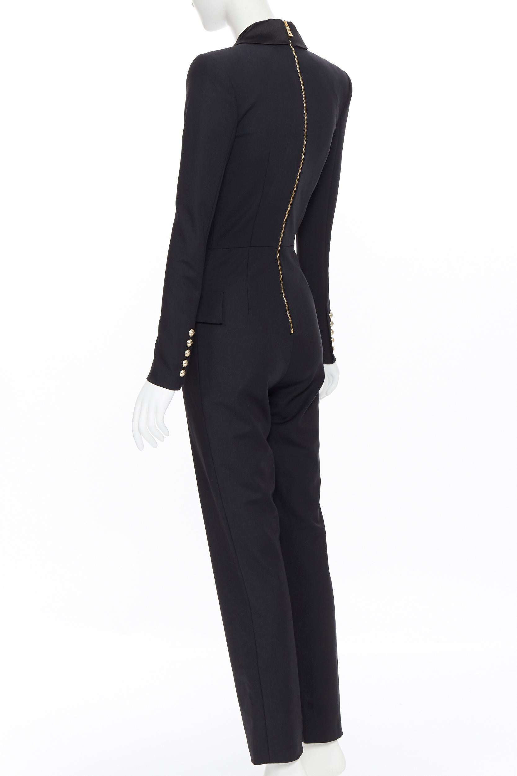 new BALMAIN black wool silk satin peak lapel double breasted jumpsuit FR36 S 2