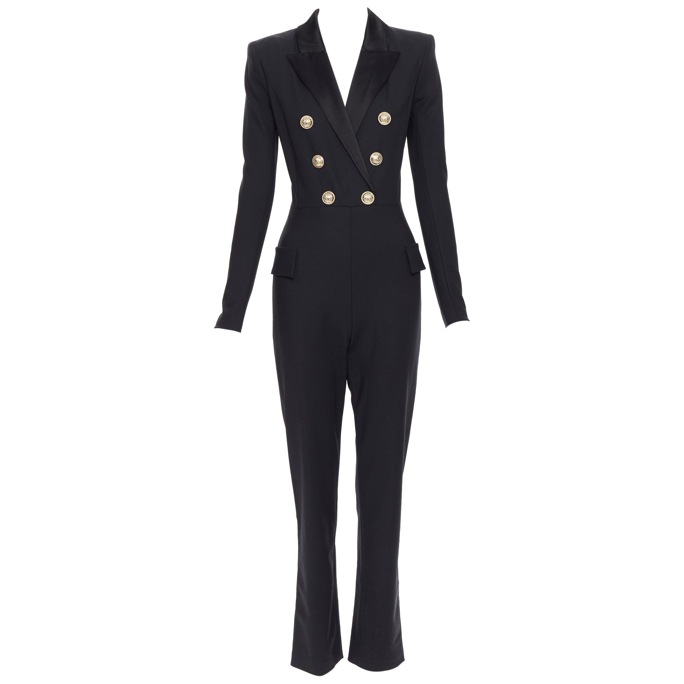 new BALMAIN black wool silk satin peak lapel double breasted jumpsuit FR36 S