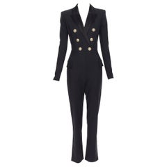 new BALMAIN black wool silk satin peak lapel double breasted jumpsuit FR38 M