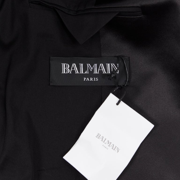 new BALMAIN black wool silk satin shawl lapel military button blazer ...