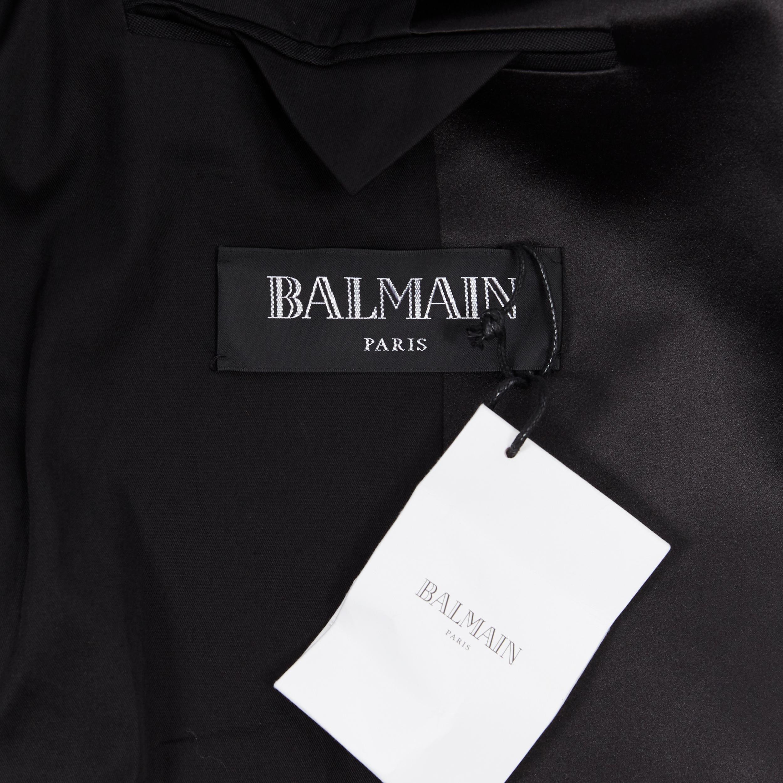 new BALMAIN black wool silk satin shawl lapel military button blazer jacket EU54 5