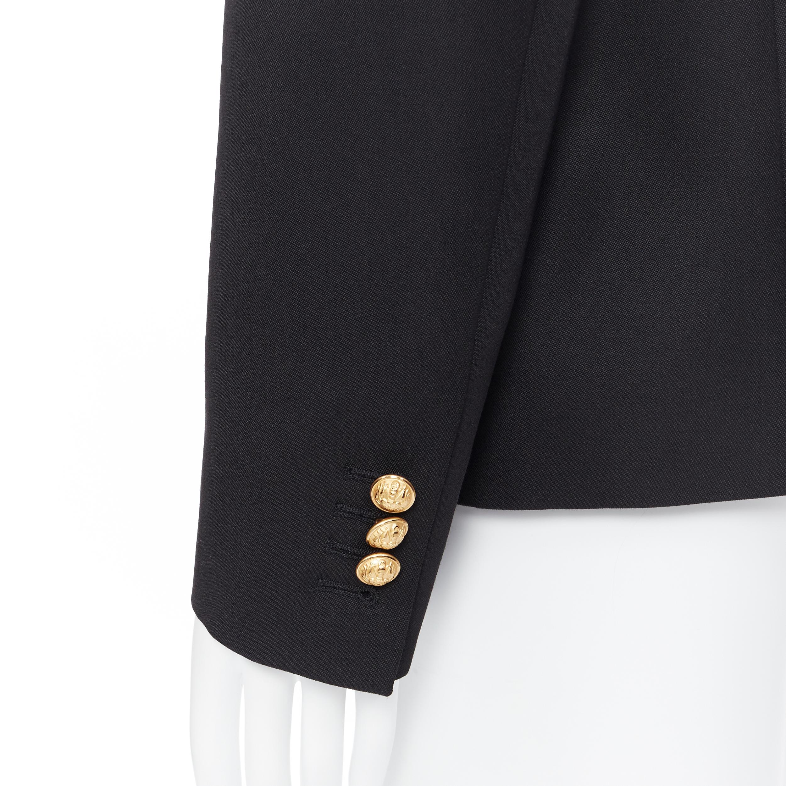 new BALMAIN black wool silk satin shawl lapel military button blazer jacket EU54
Reference: TGAS/A05415
Brand: Balmain
Designer: Olivier Rousteing
Material: Wool
Color: Black
Pattern: Solid
Closure: Button
Extra Detail: BALMAIN style code: