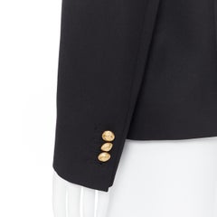 new BALMAIN black wool silk satin shawl lapel military button blazer jacket EU54