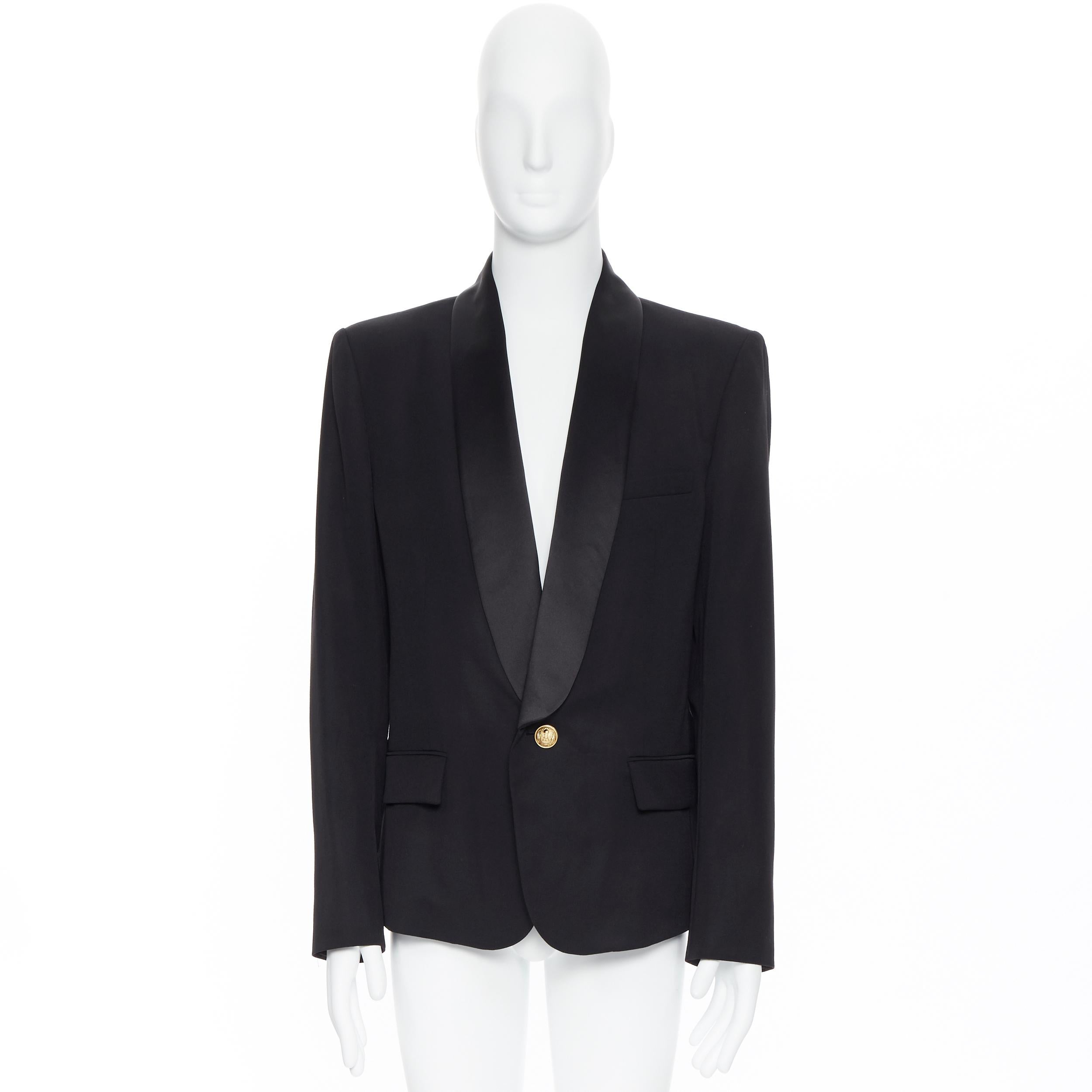 Black new BALMAIN black wool silk satin shawl lapel military button blazer jacket EU54