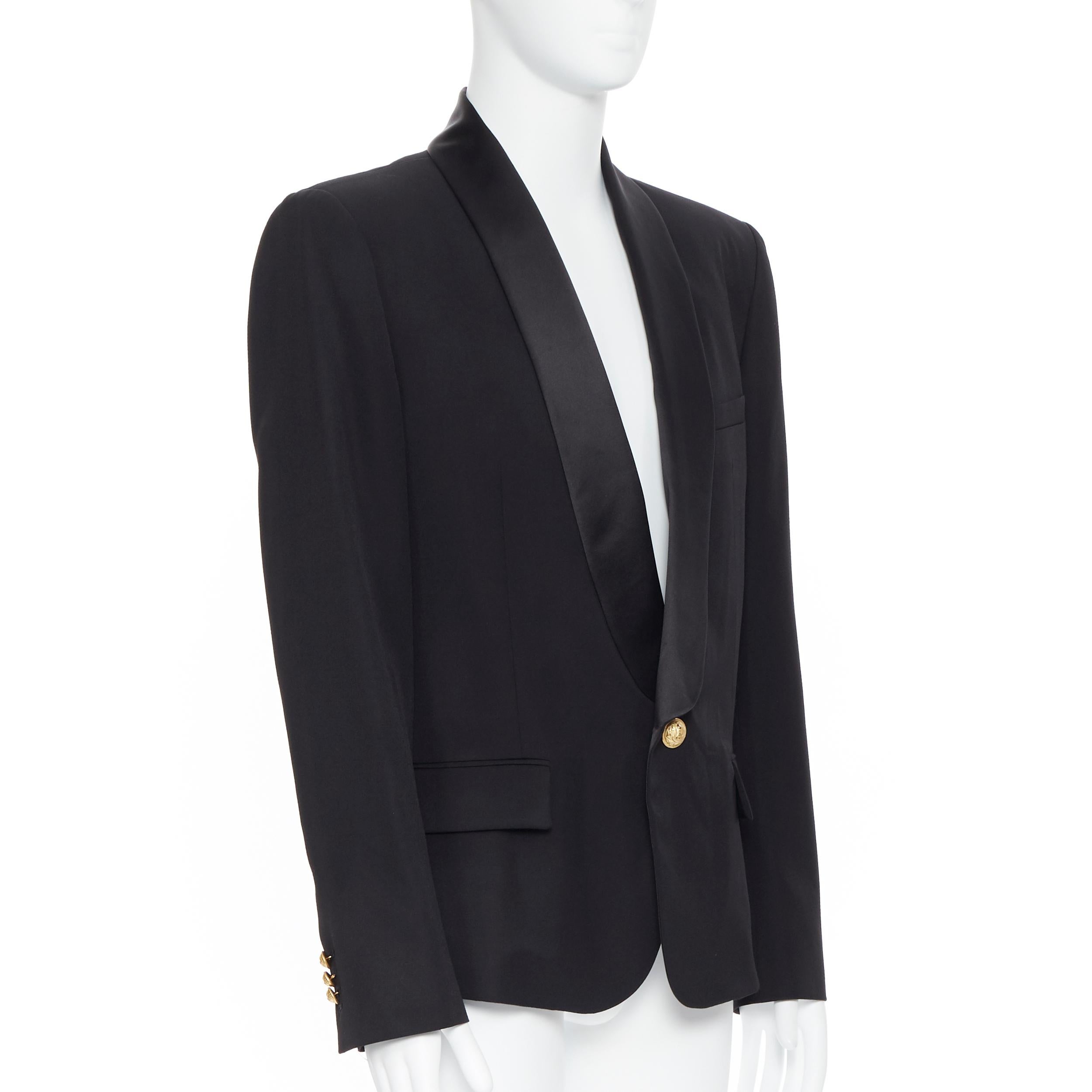 new BALMAIN black wool silk satin shawl lapel military button blazer jacket EU54 In New Condition In Hong Kong, NT