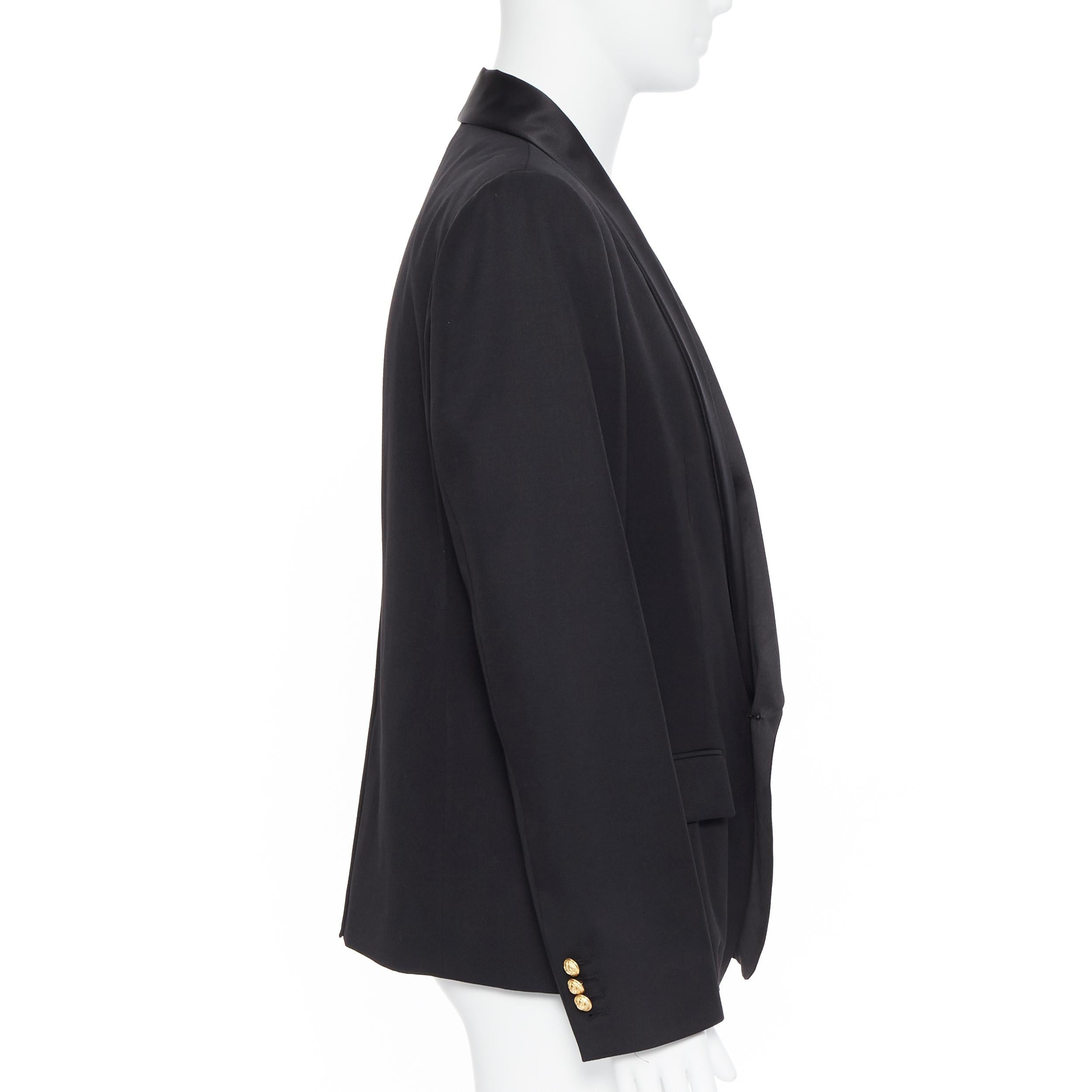 Men's new BALMAIN black wool silk satin shawl lapel military button blazer jacket EU54