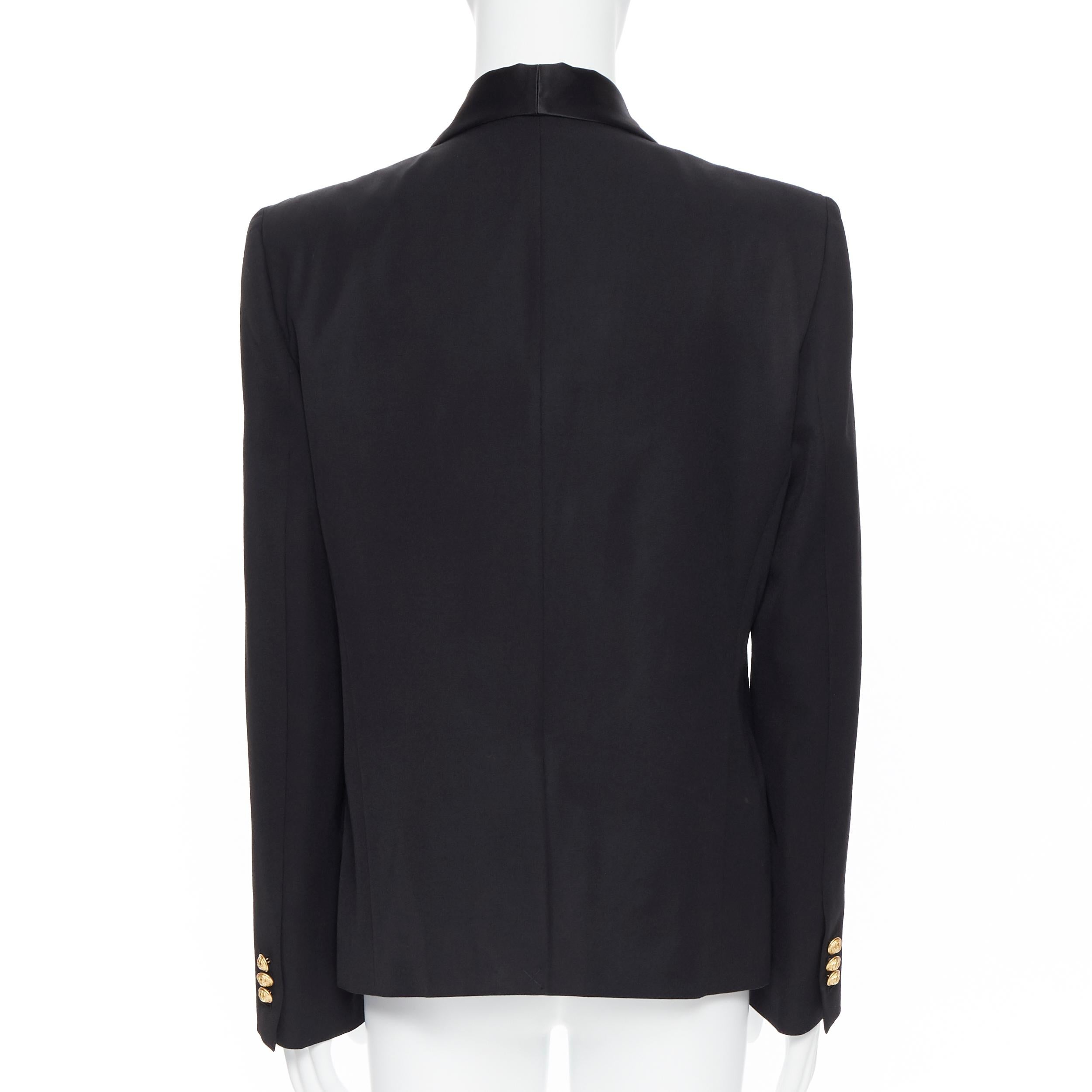 new BALMAIN black wool silk satin shawl lapel military button blazer jacket EU54 1