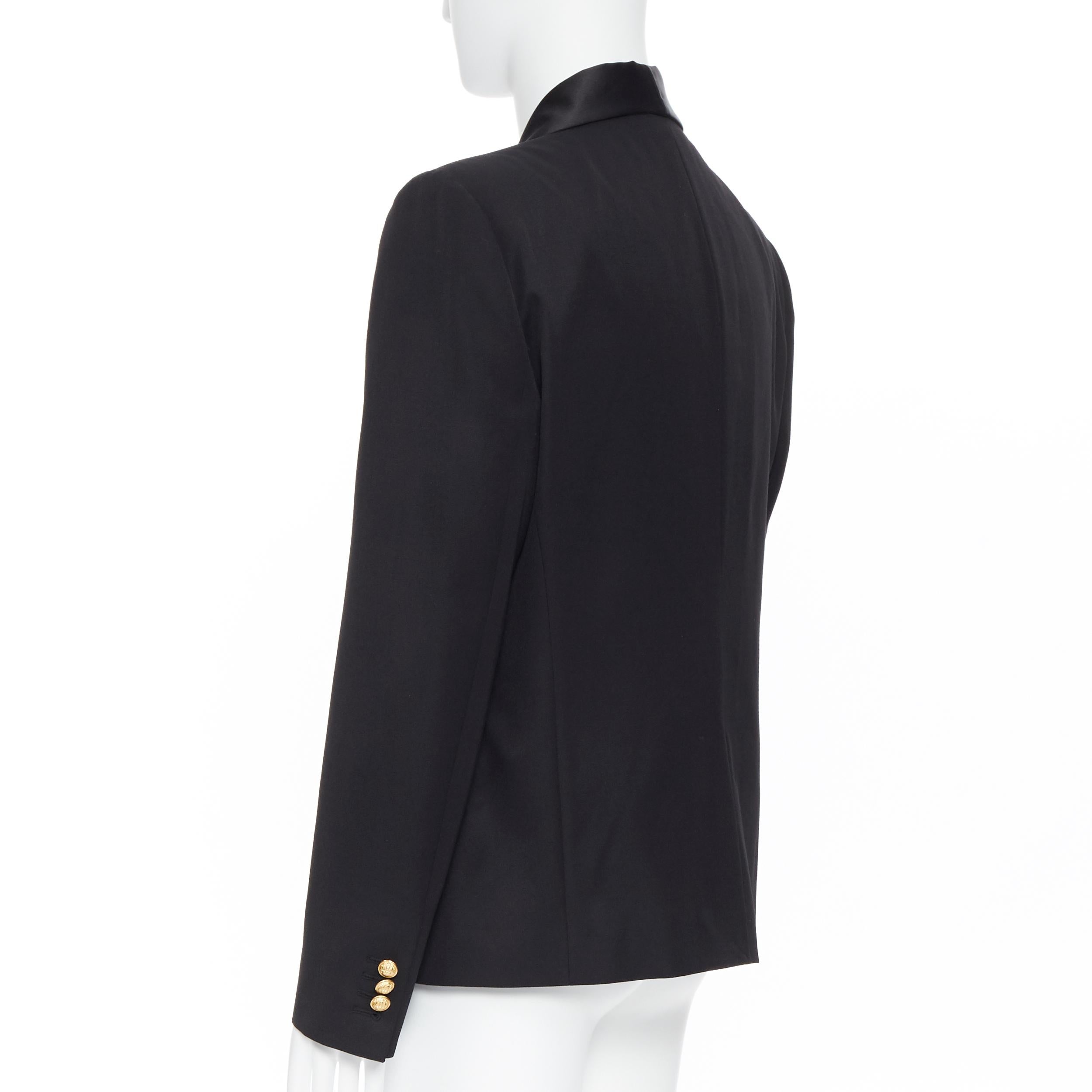 new BALMAIN black wool silk satin shawl lapel military button blazer jacket EU54 2