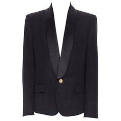 new BALMAIN black wool silk satin shawl lapel military button blazer jacket EU54