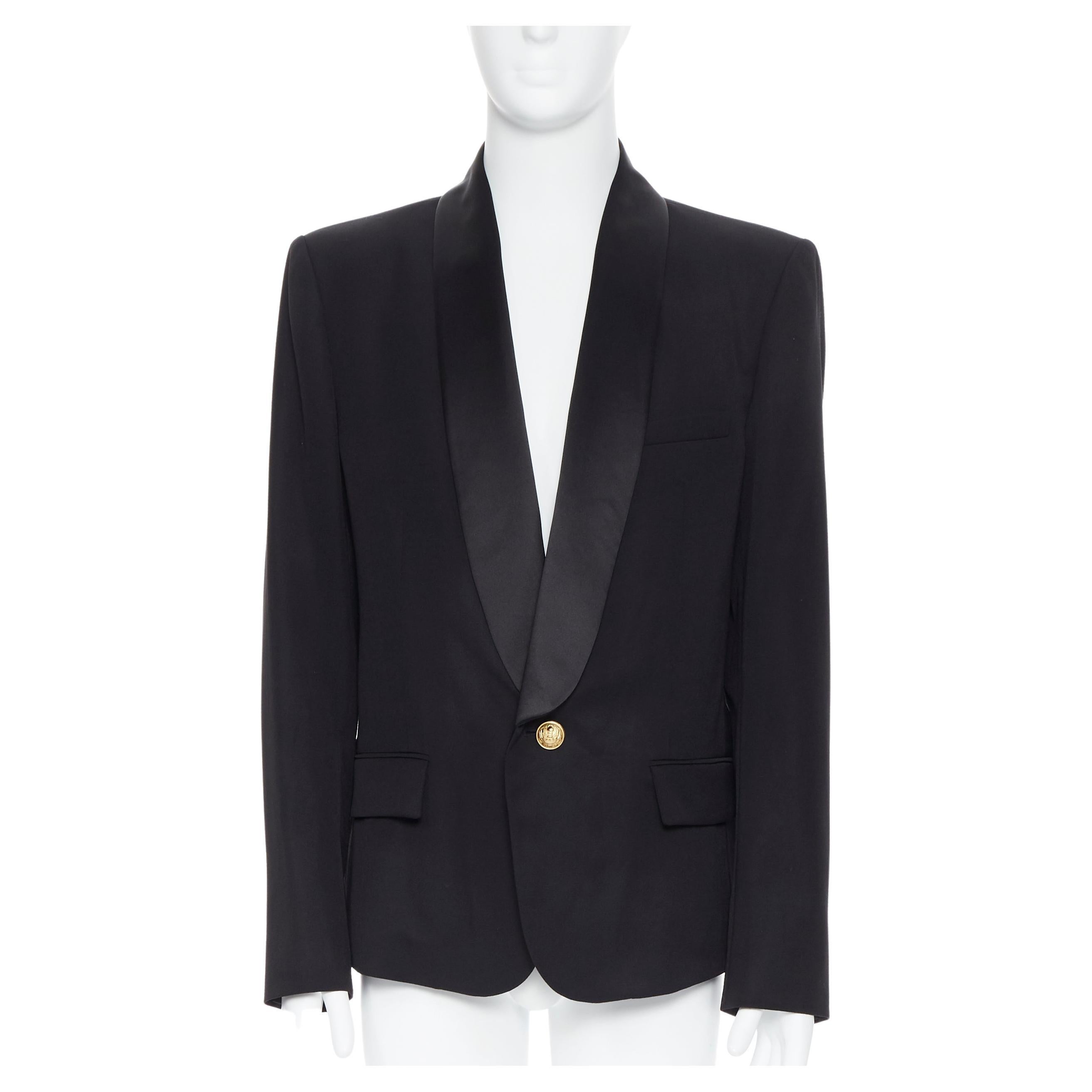 new BALMAIN black wool silk satin shawl lapel military button blazer jacket EU54