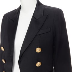 new BALMAIN black worsted wool peak lapel gold double breasted crop blazer FR38