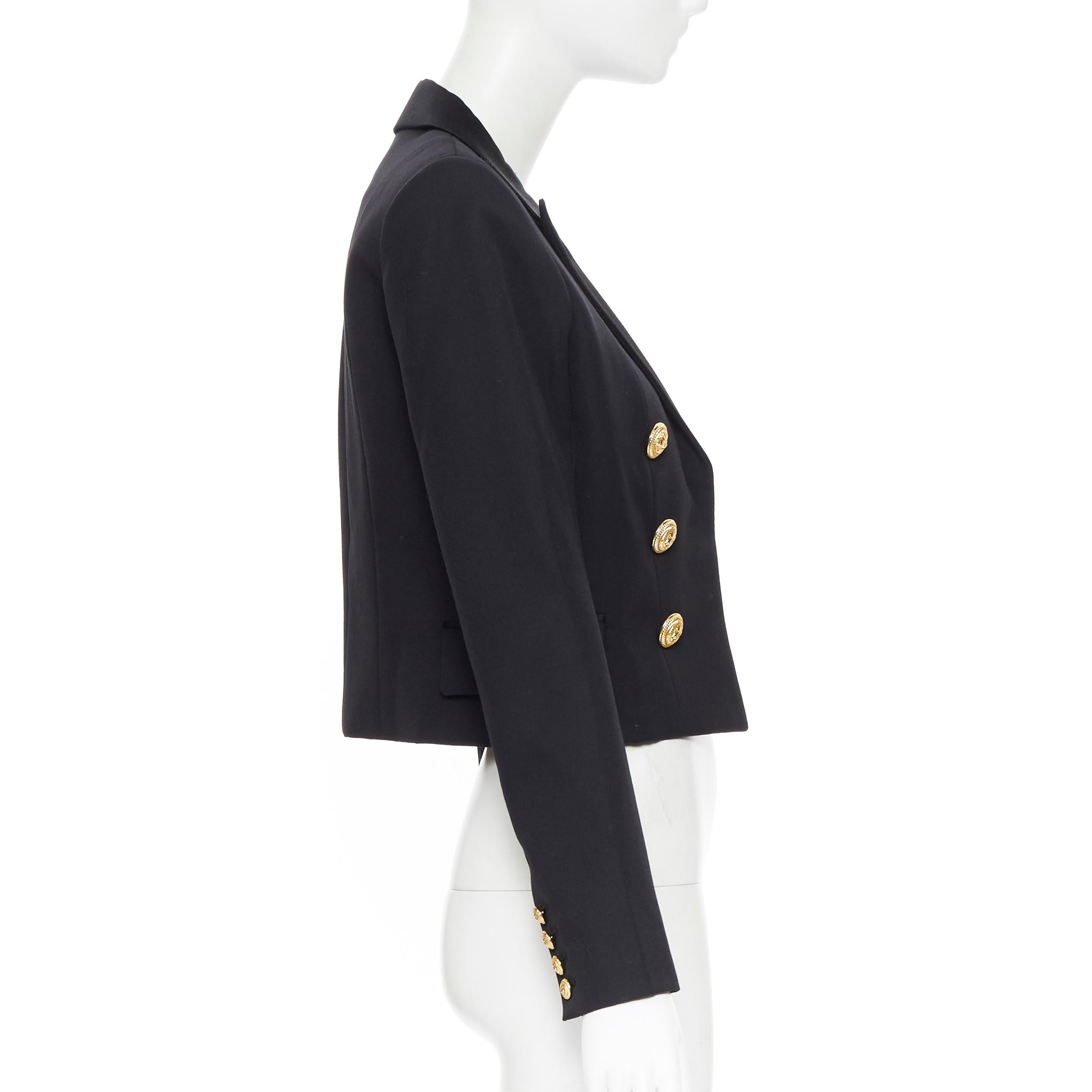 black cropped blazer with gold buttons