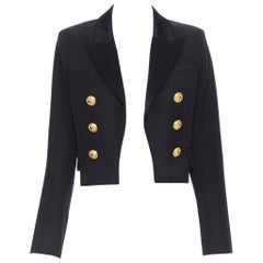 neu BALMAIN schwarzer Kammgarnwollblazer mit goldenem Revers, doppelreihig, FR38