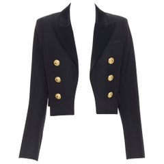 new BALMAIN black worsted wool peak lapel gold double breasted crop blazer FR38