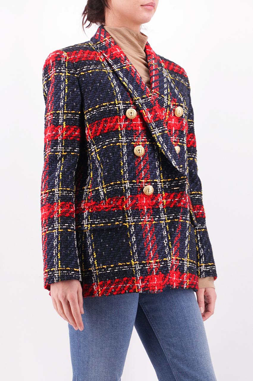 BALMAIN

Blue and Red Checkered Jacket

V- neck

Long sleeves

Gold-tone signature buttons  

 Content: Tweed


Size FR 42 or US 10



Made in France

Brand new! with tags

 100% authentic guarantee 

       PLEASE VISIT OUR STORE FOR MORE GREAT