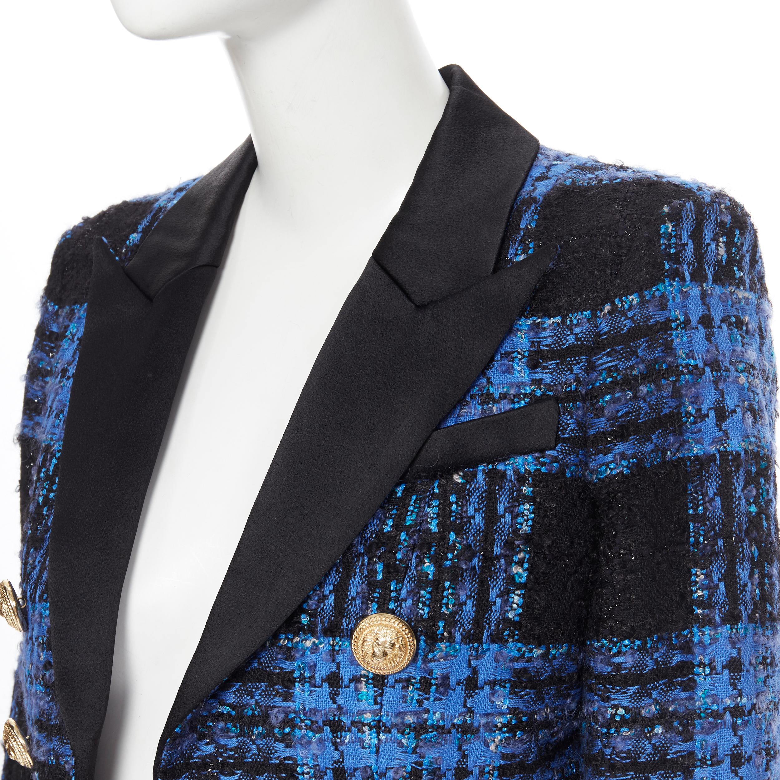 new BALMAIN blue black tweed gold button cropped double breasted jacket FR36 XS In New Condition In Hong Kong, NT